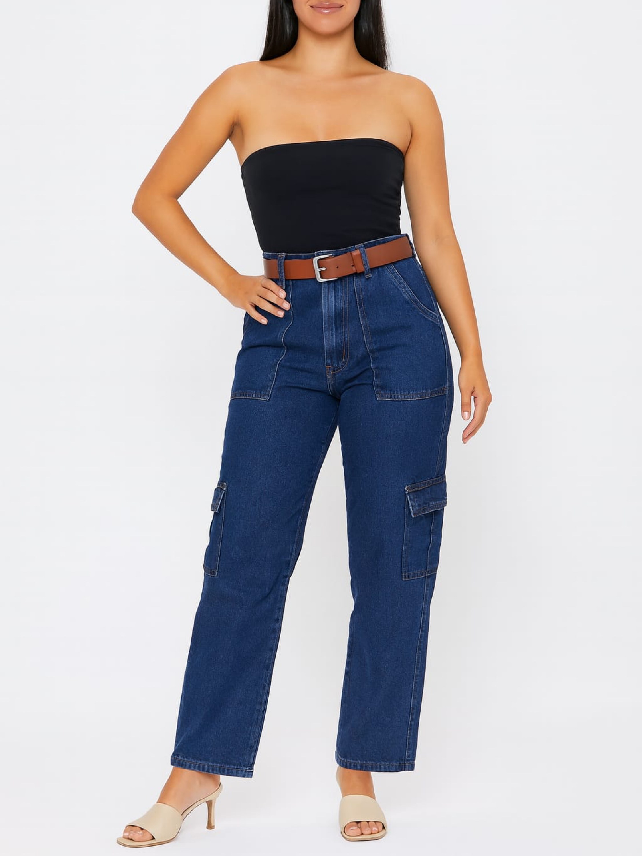 Calça cargo bolso faca 100% jeans azul jeans escuro