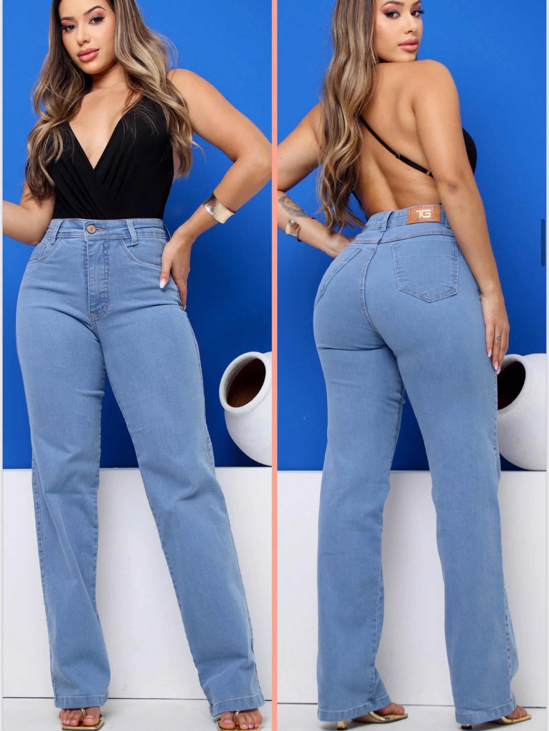 Calça jeans wide leg com lycra cintura alta