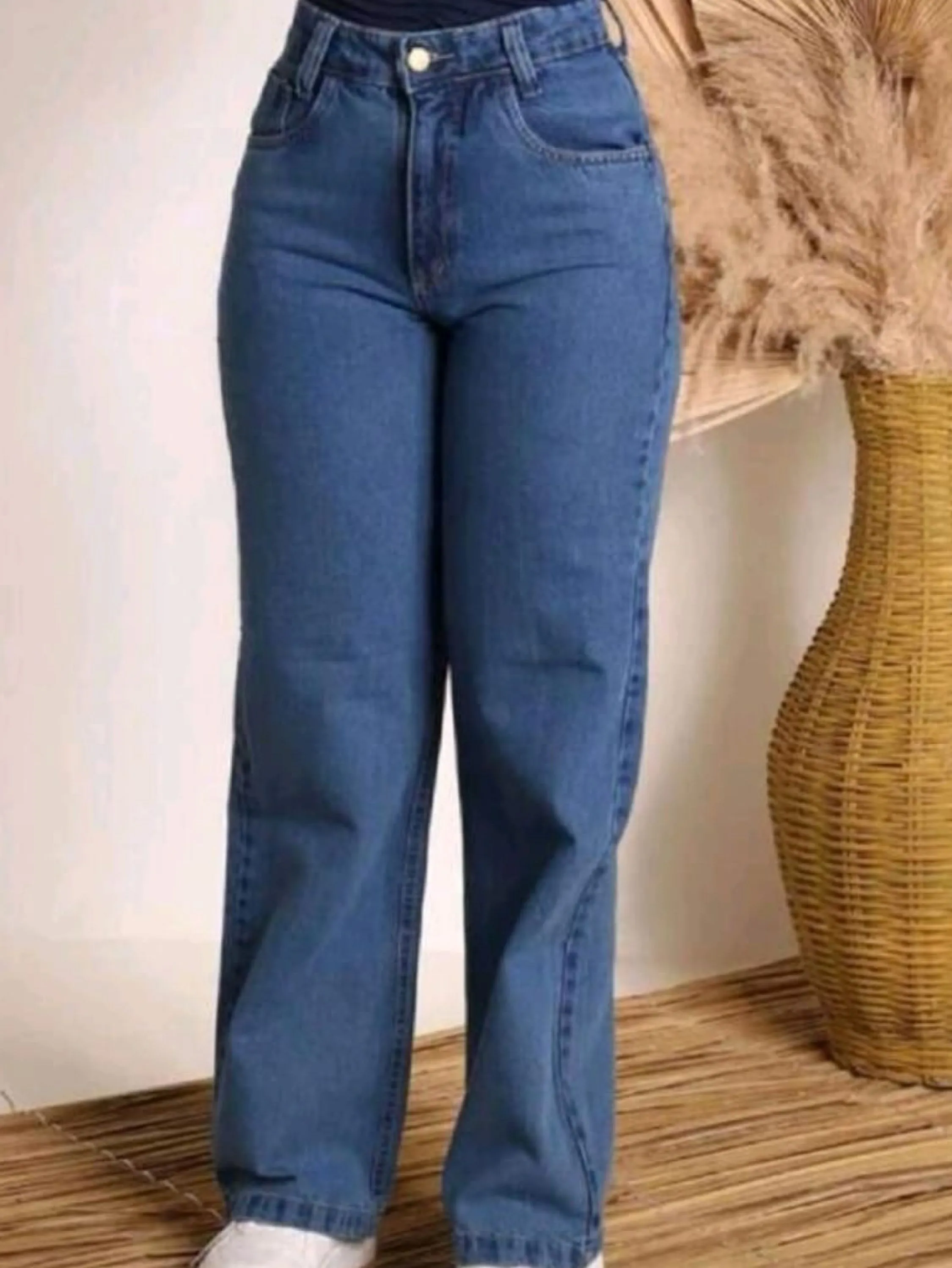 Calça jeans feminina wide leg lisa sem bolso