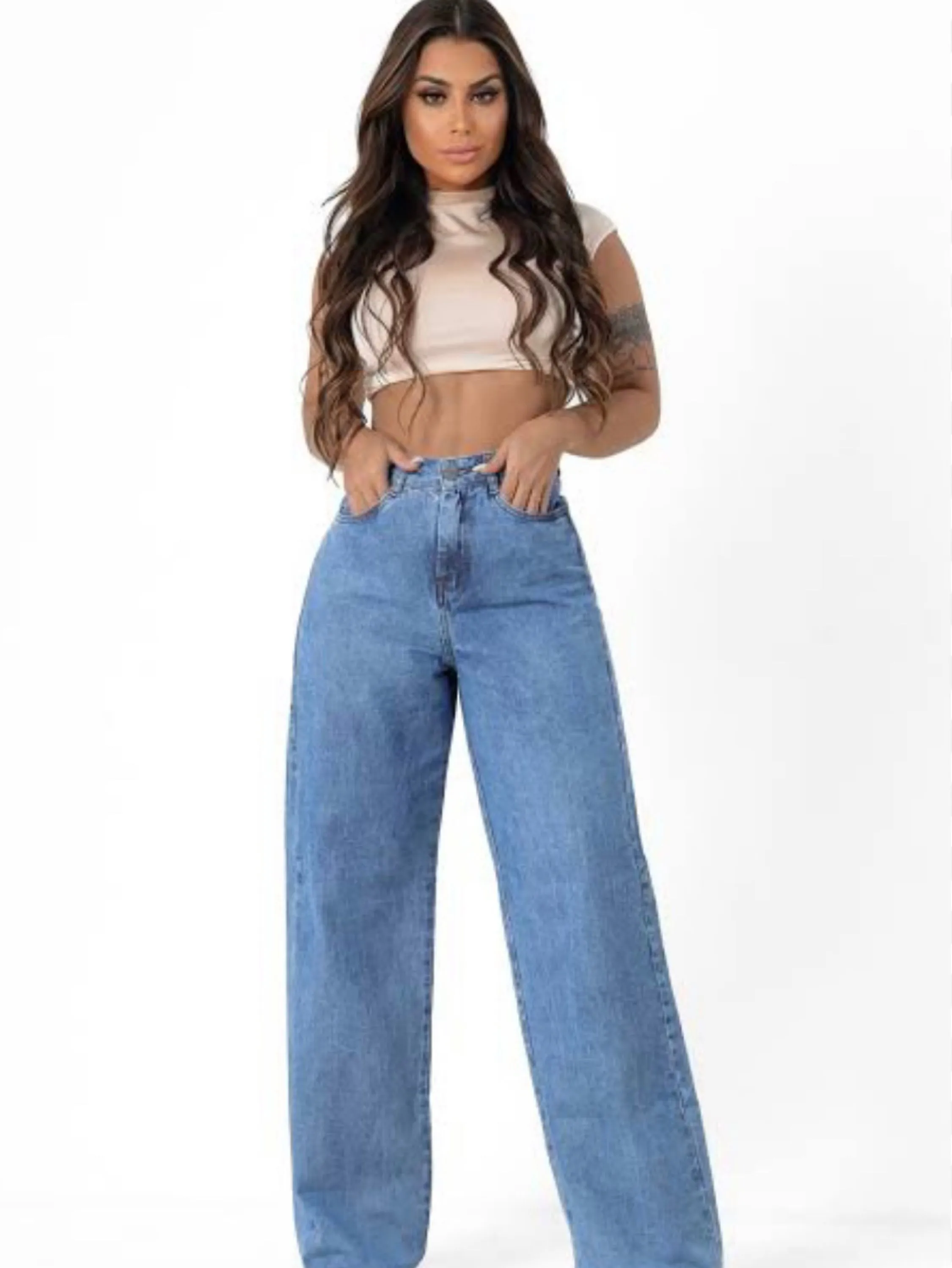 Calça jeans feminina wide leg cintura alta jeans claro