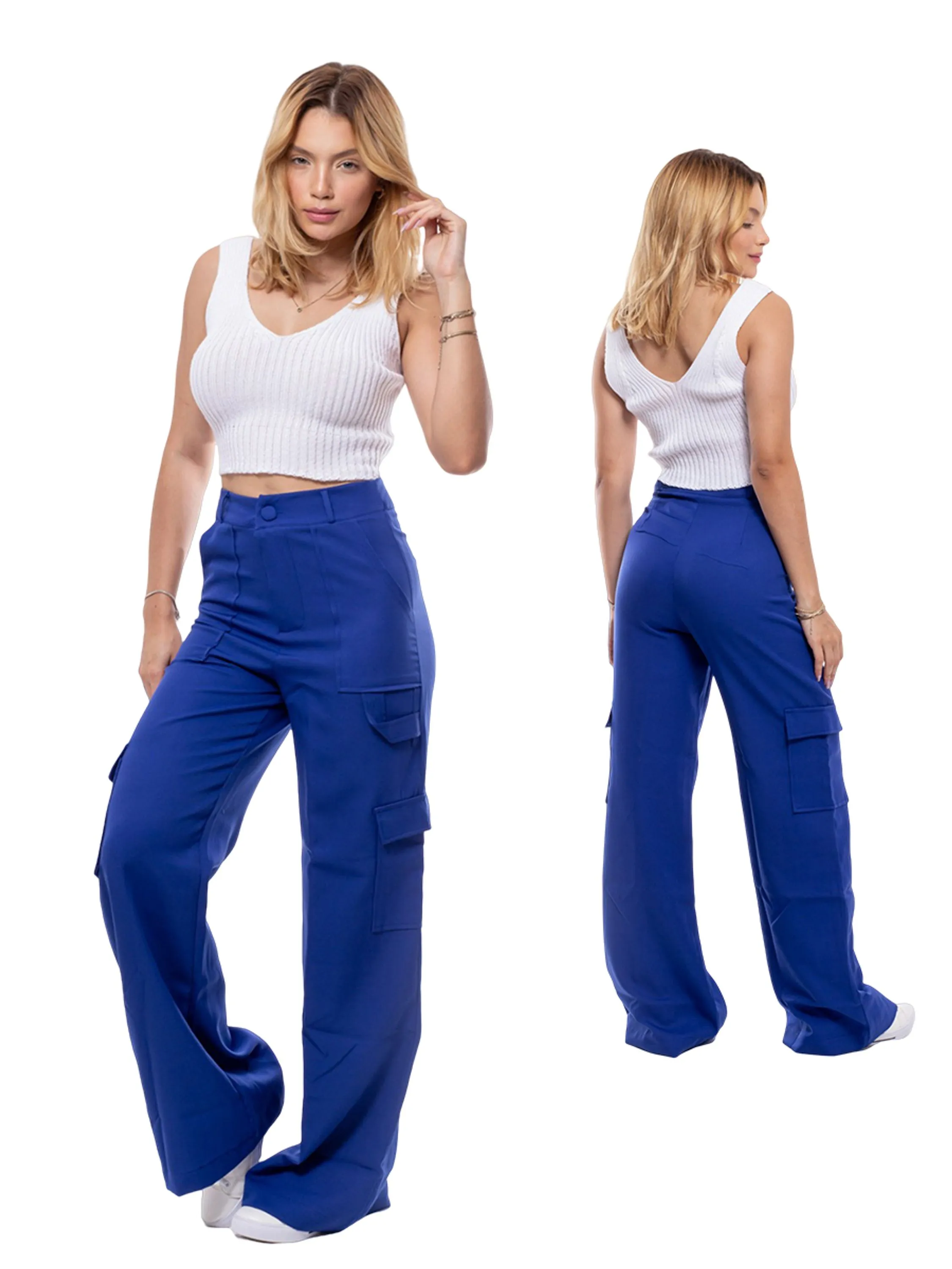 (021#)Calça Feminino Longo Com Cargo E Elastino Atras