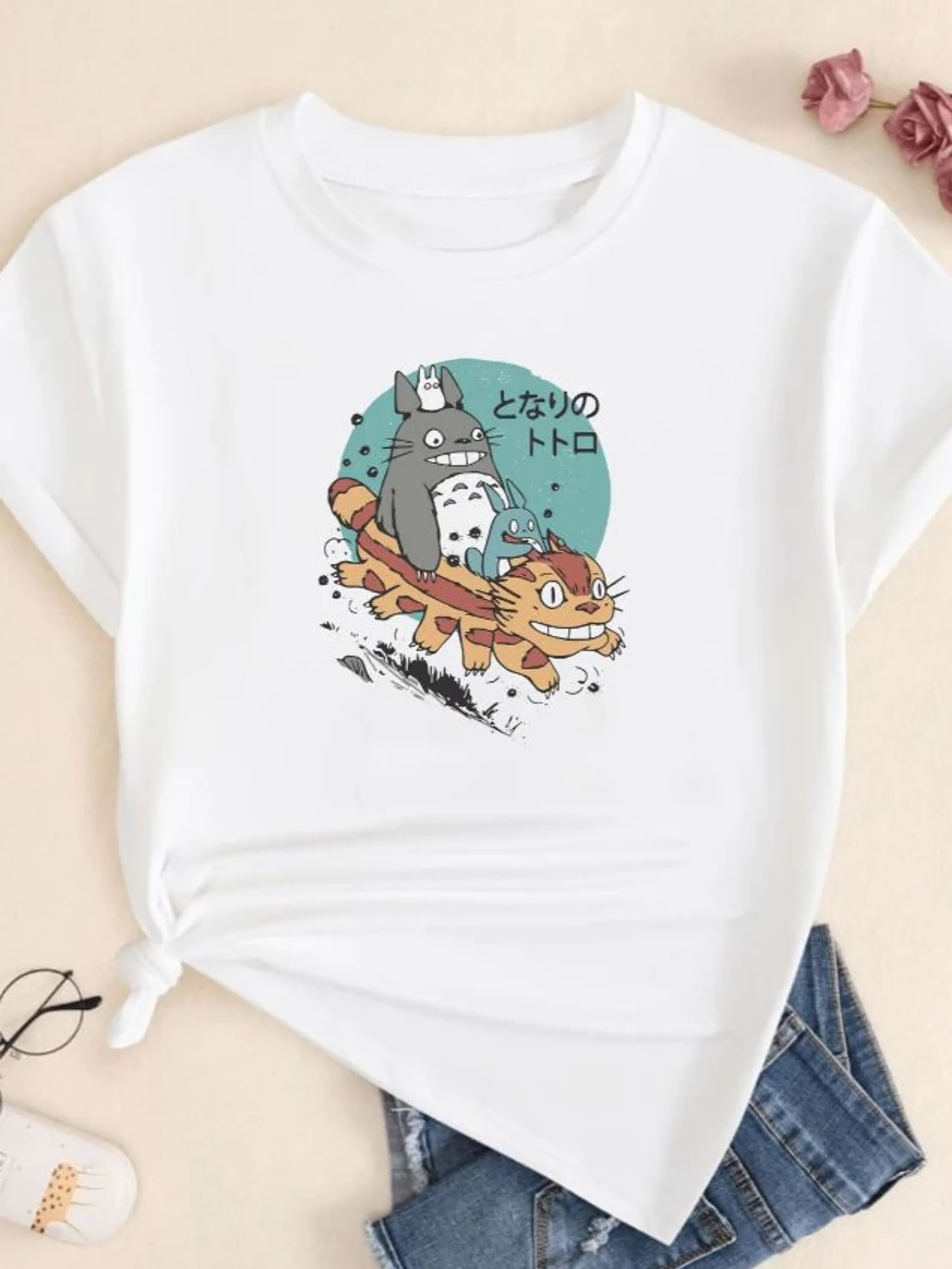 Camiseta Feminina Blusa Feminina Estampa Studio Ghibili Totoro Cartoon Camisa Casual Algodão