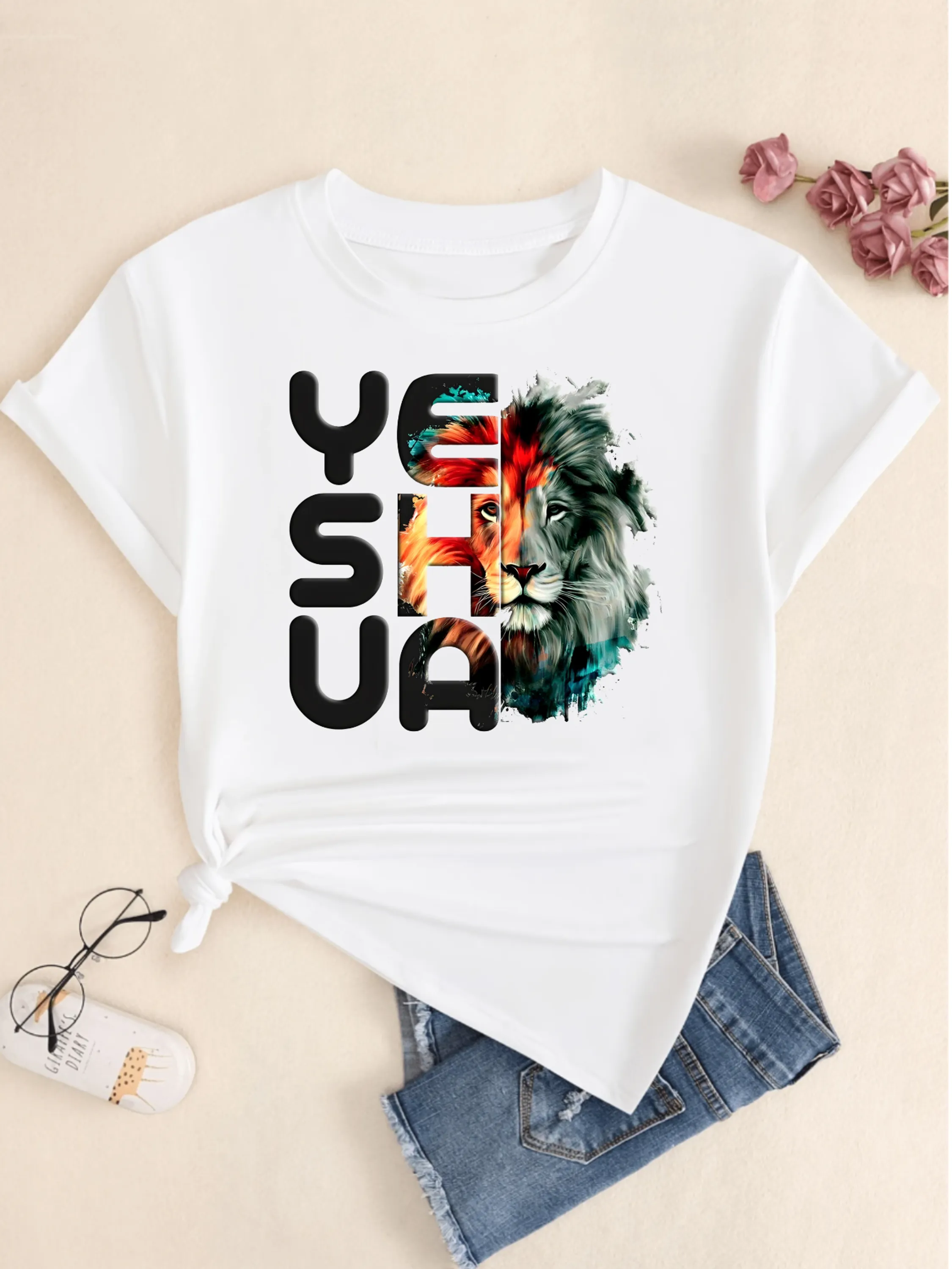 Camiseta Algodão Yeshua Babylook Leão Religiosa Blusa Feminina Camisa Algodão Masculino Casual