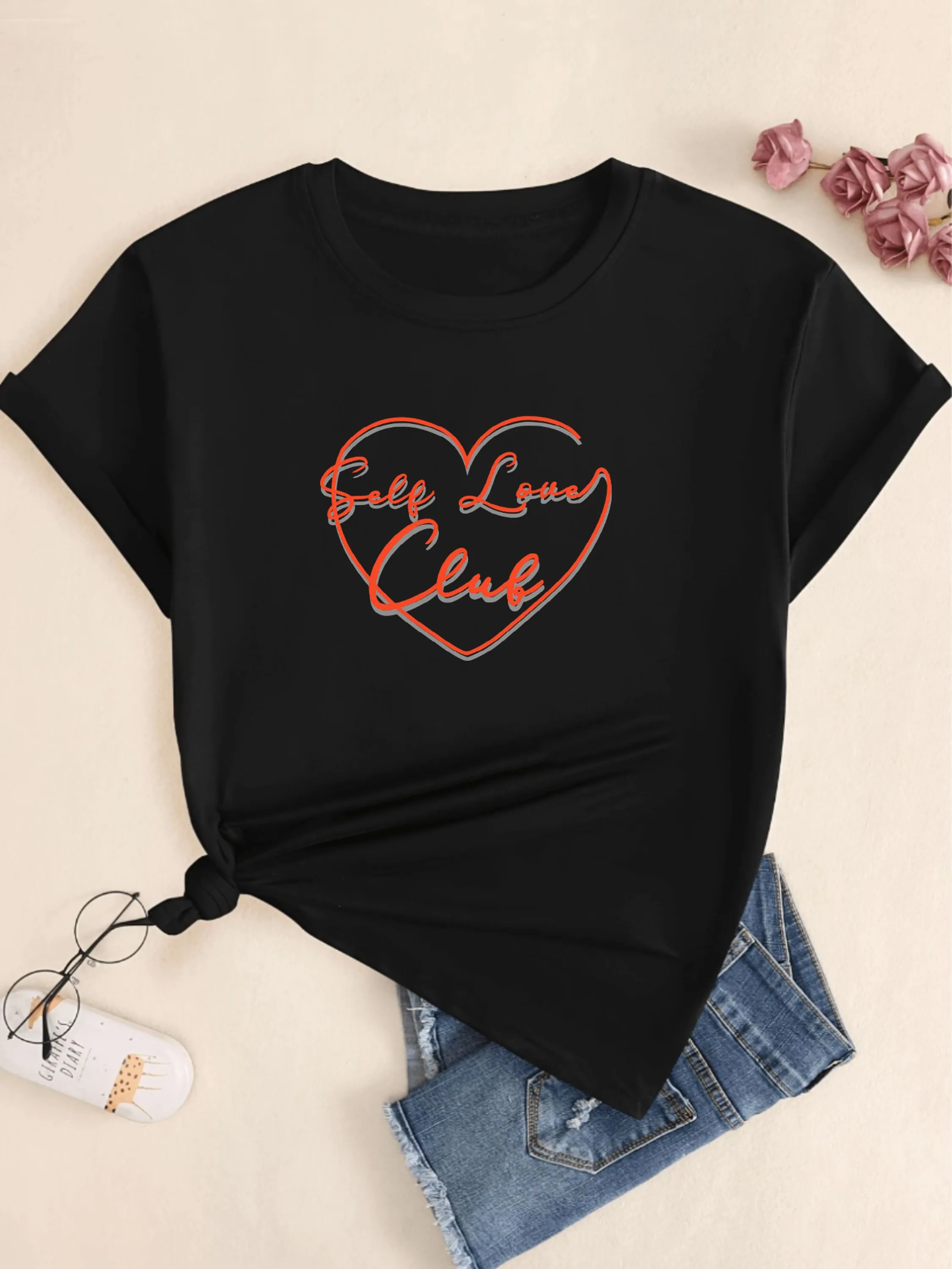 Camiseta Estampado Self Love Club Unissex Algodão Confort Casual Manga Curta Streetwear Básico