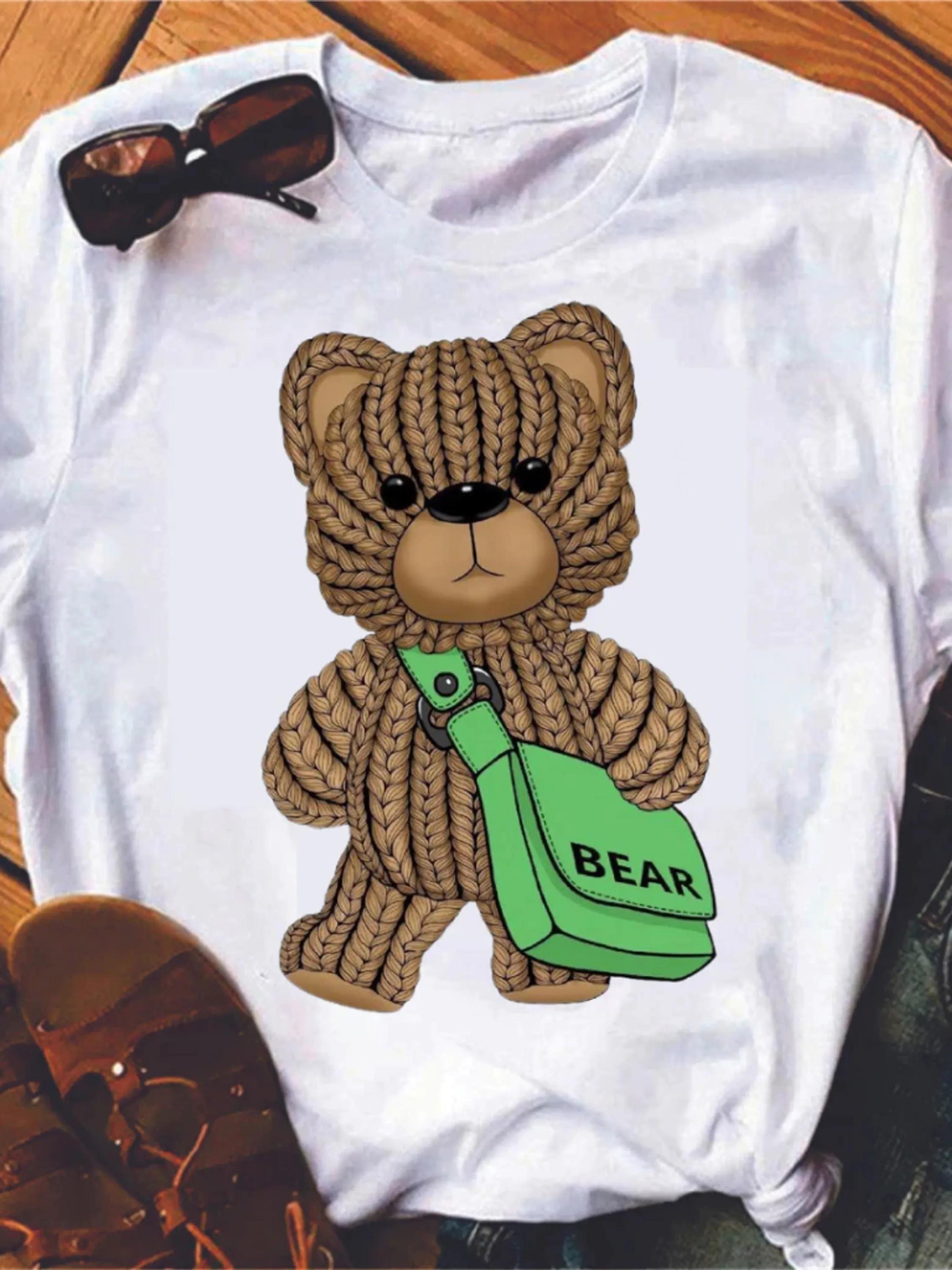 Camisetas Urso Marrom Lindas T-shirts Estampadas Femininas Blusas