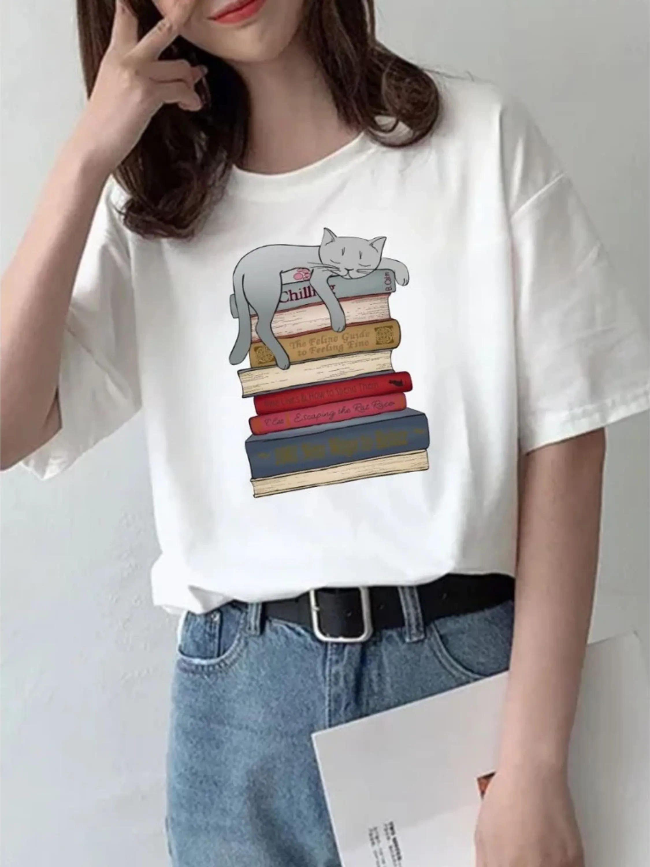 Camiseta Estampa Gato Livros Masculino Feminina Blusinha Camisa Algodão