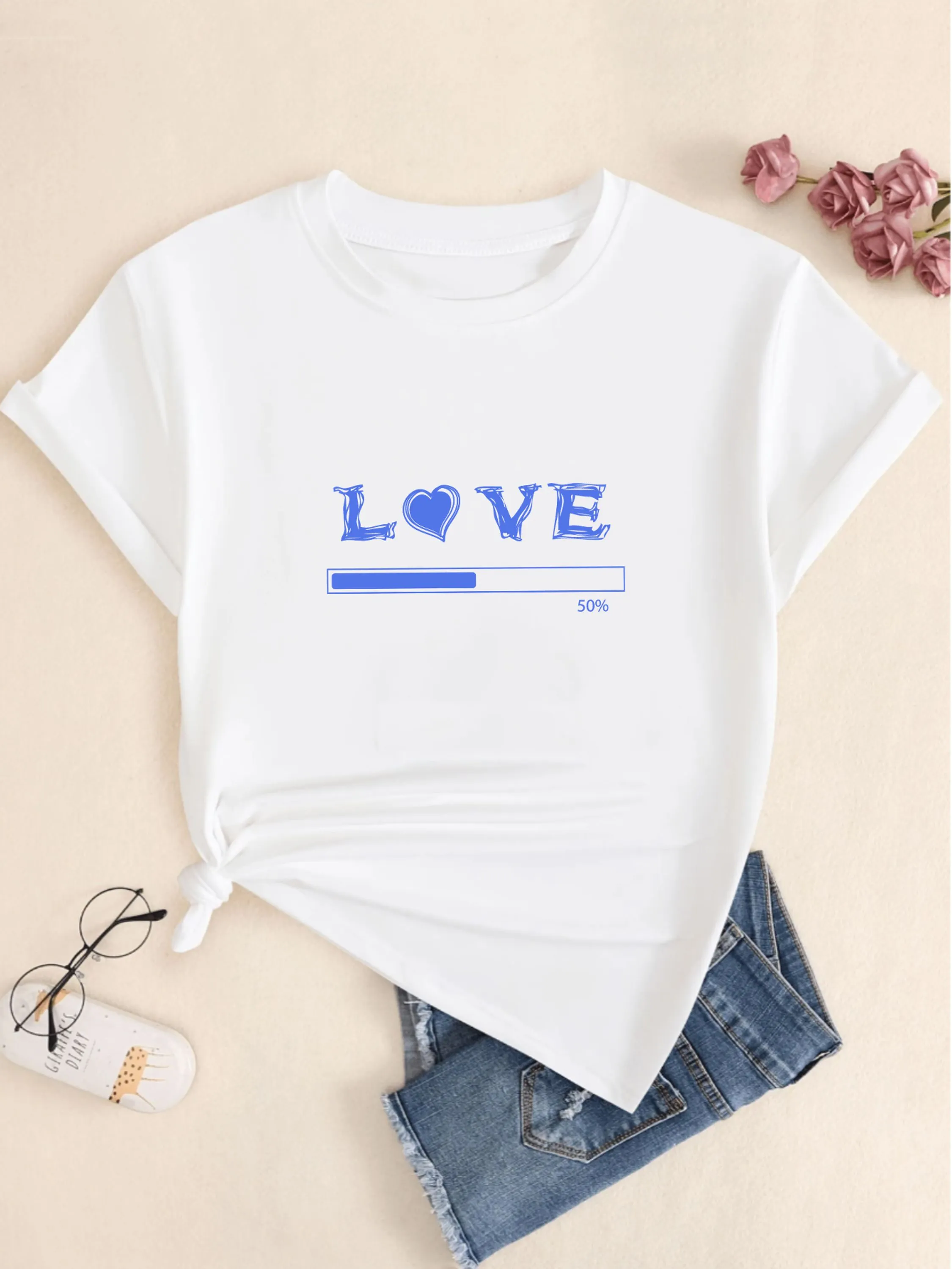 Camiseta Estampado Love Unissex Algodão Confort Casual Manga Curta Streetwear Básico