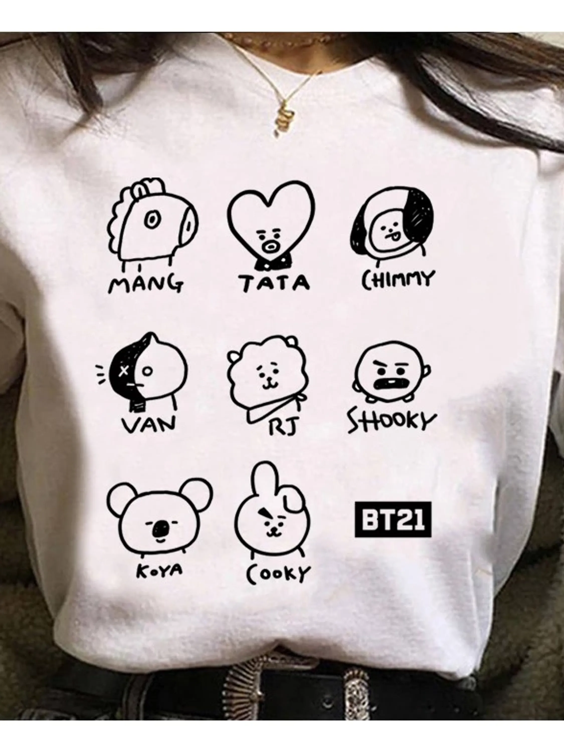 Camiseta Feminina Babylook BT21 BTS Tata Chimmy Cooky RJ Camisa Algodão Casual