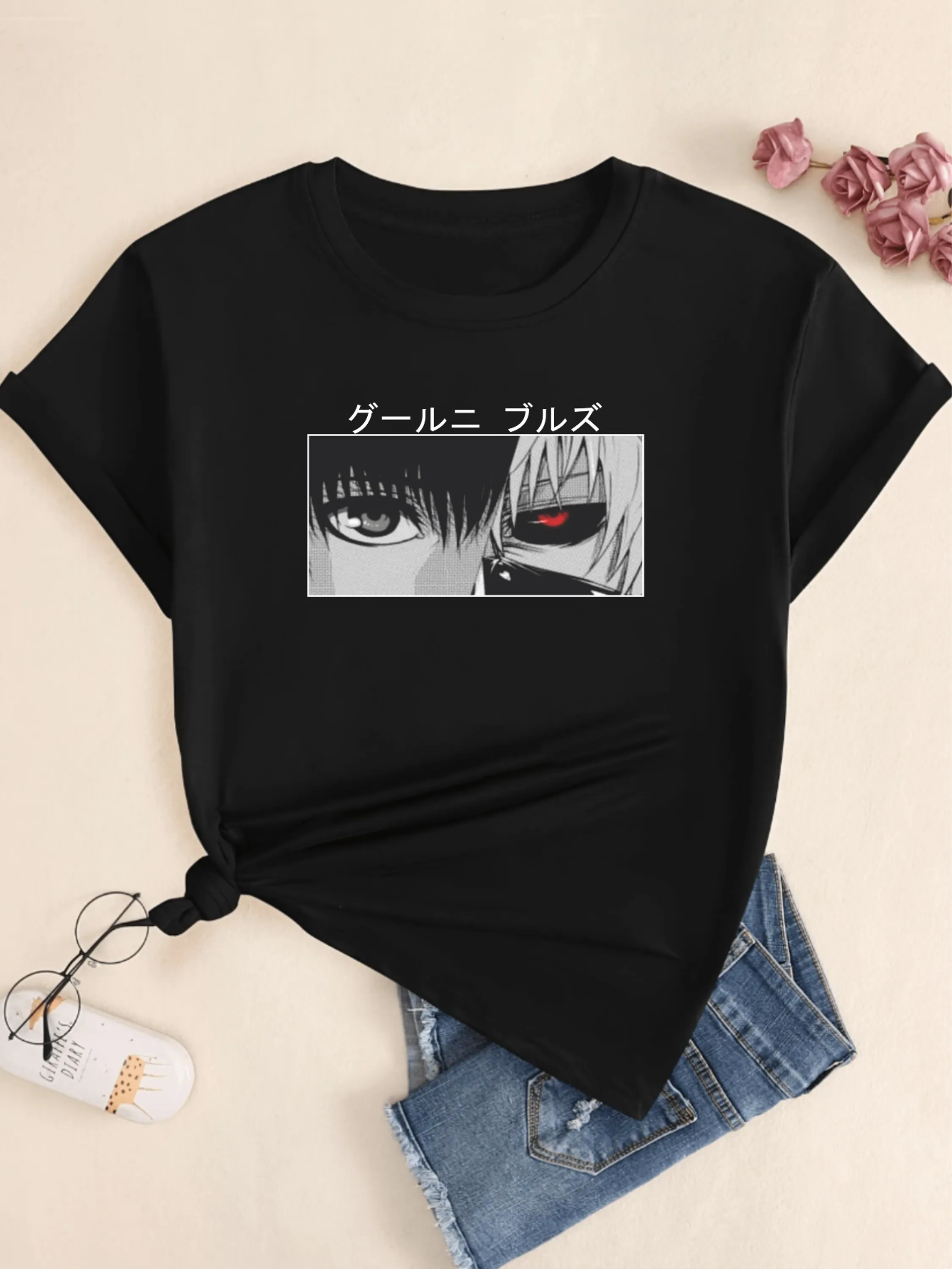 Camiseta 100% Algodão Anime Tokyo Ghoul Ken Kaneki Harajuku Camisa Babylook T-Shirt Feminina