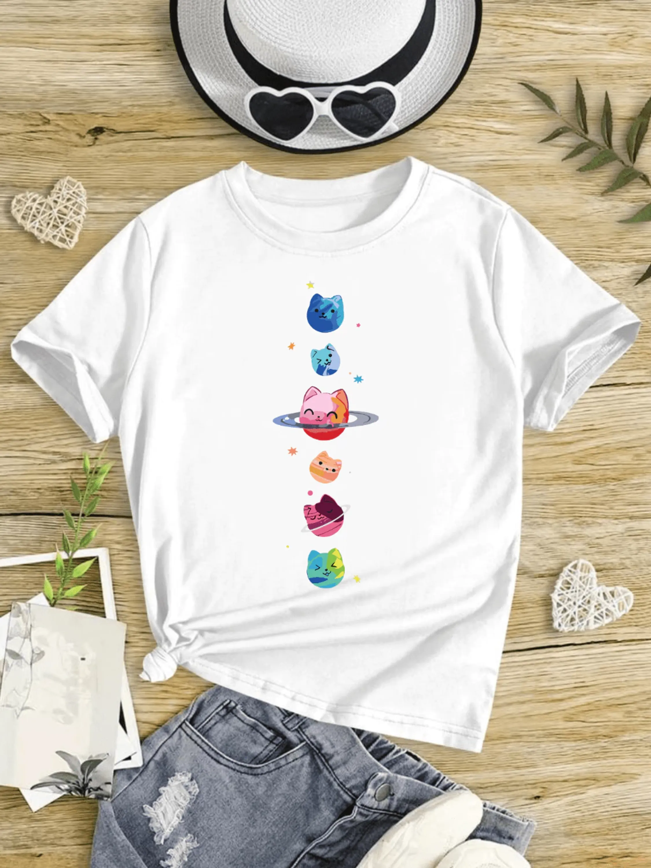 Camiseta Feminina Gato Planeta Camisa Gráfico  Cartoon Algodão Premium