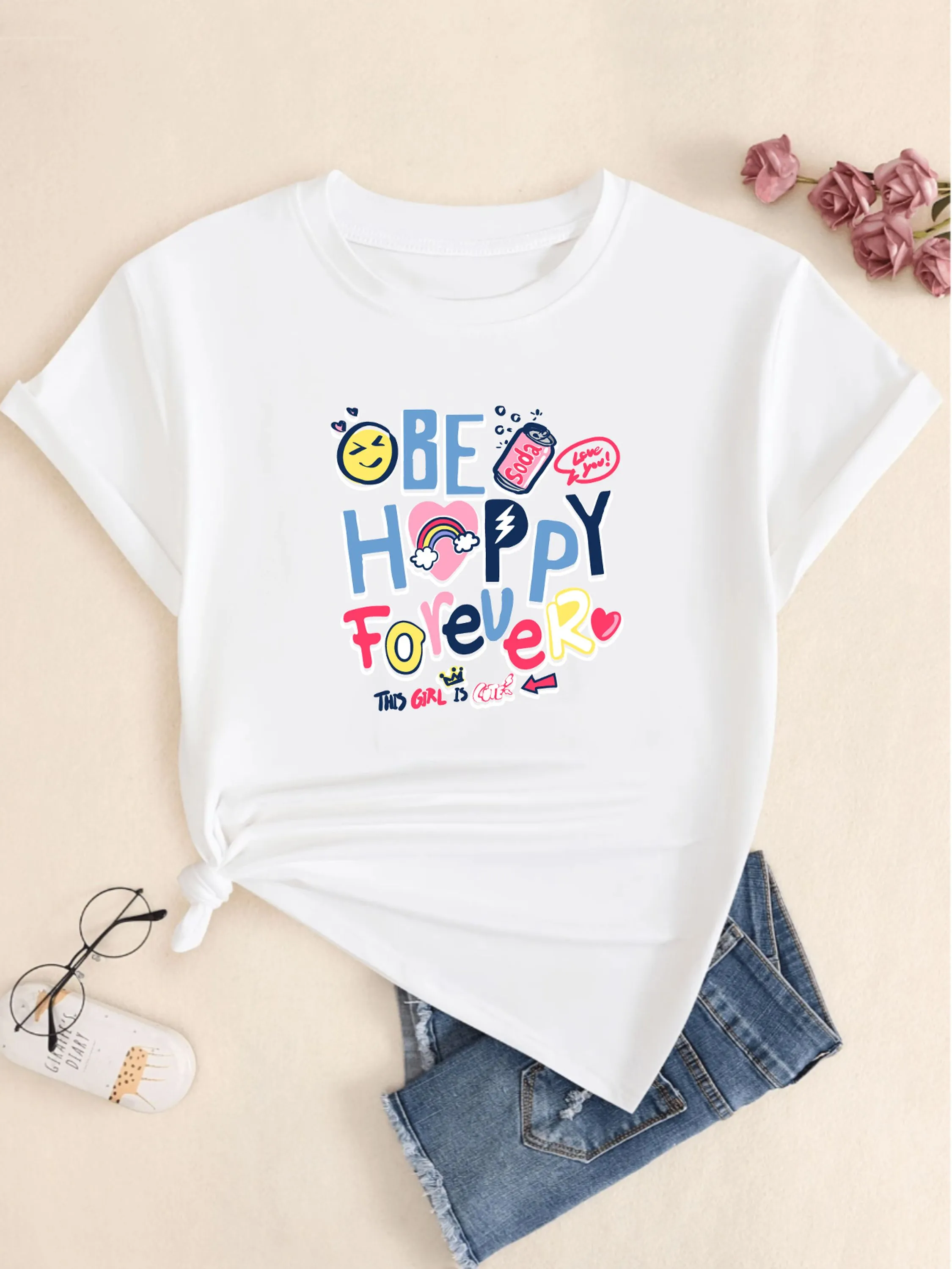 Camiseta Estampado Be Happy Forever Moda Feminina Casual Confort Premium Blusinha Babylook Básico