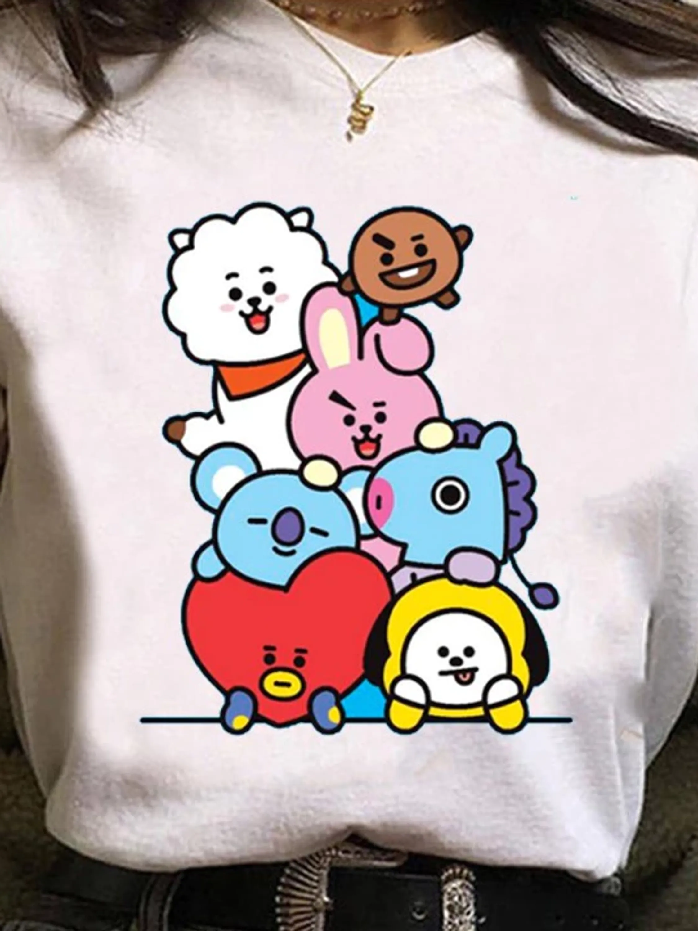 Camiseta Feminina Babylook BT21 BTS Tata Chimmy Cooky RJ Camisa Algodão Casual