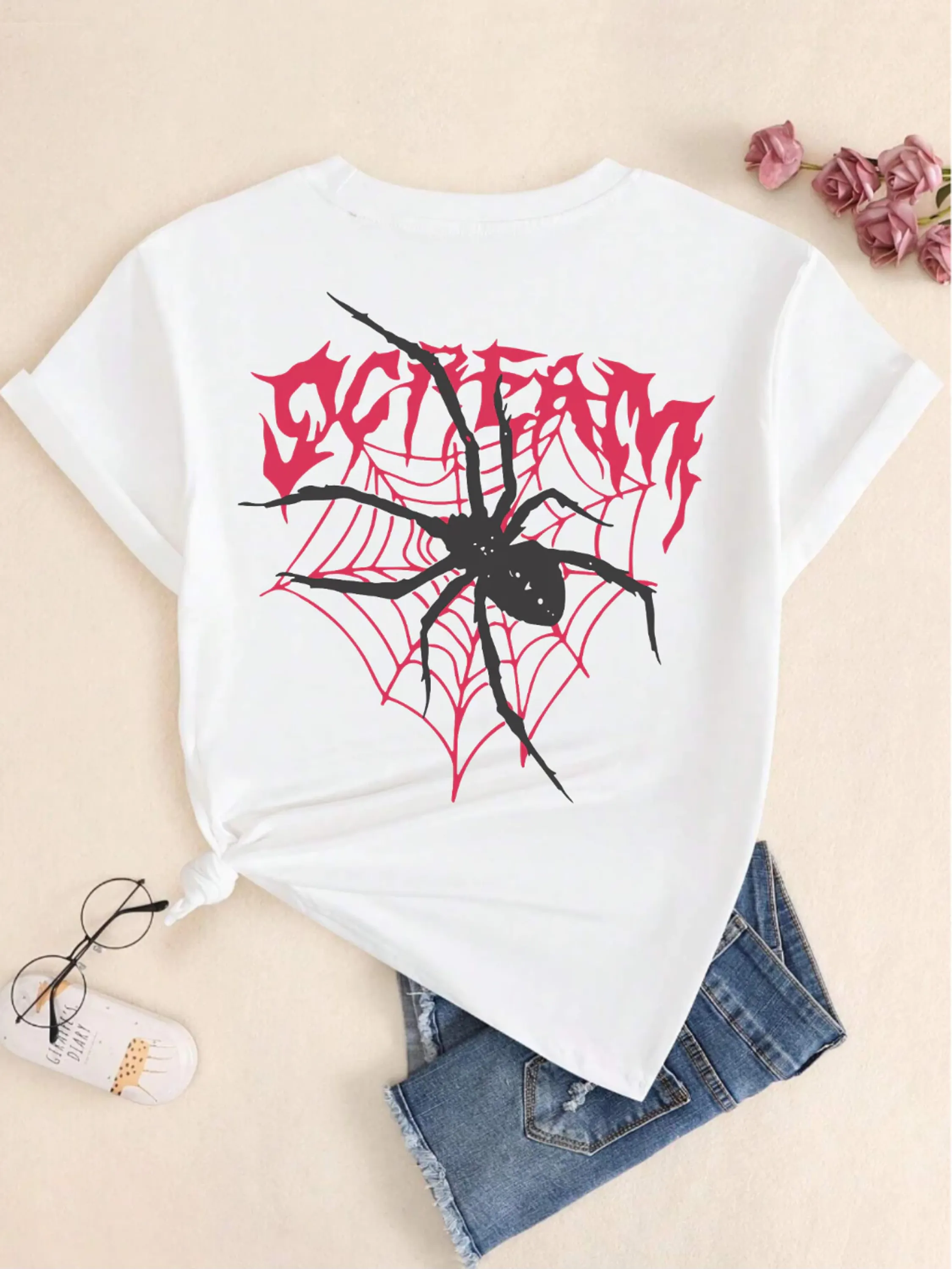 Camiseta Camisa Feminina Estampado Blusa Feminina Streetwear Aranha Spider Casual Algodão