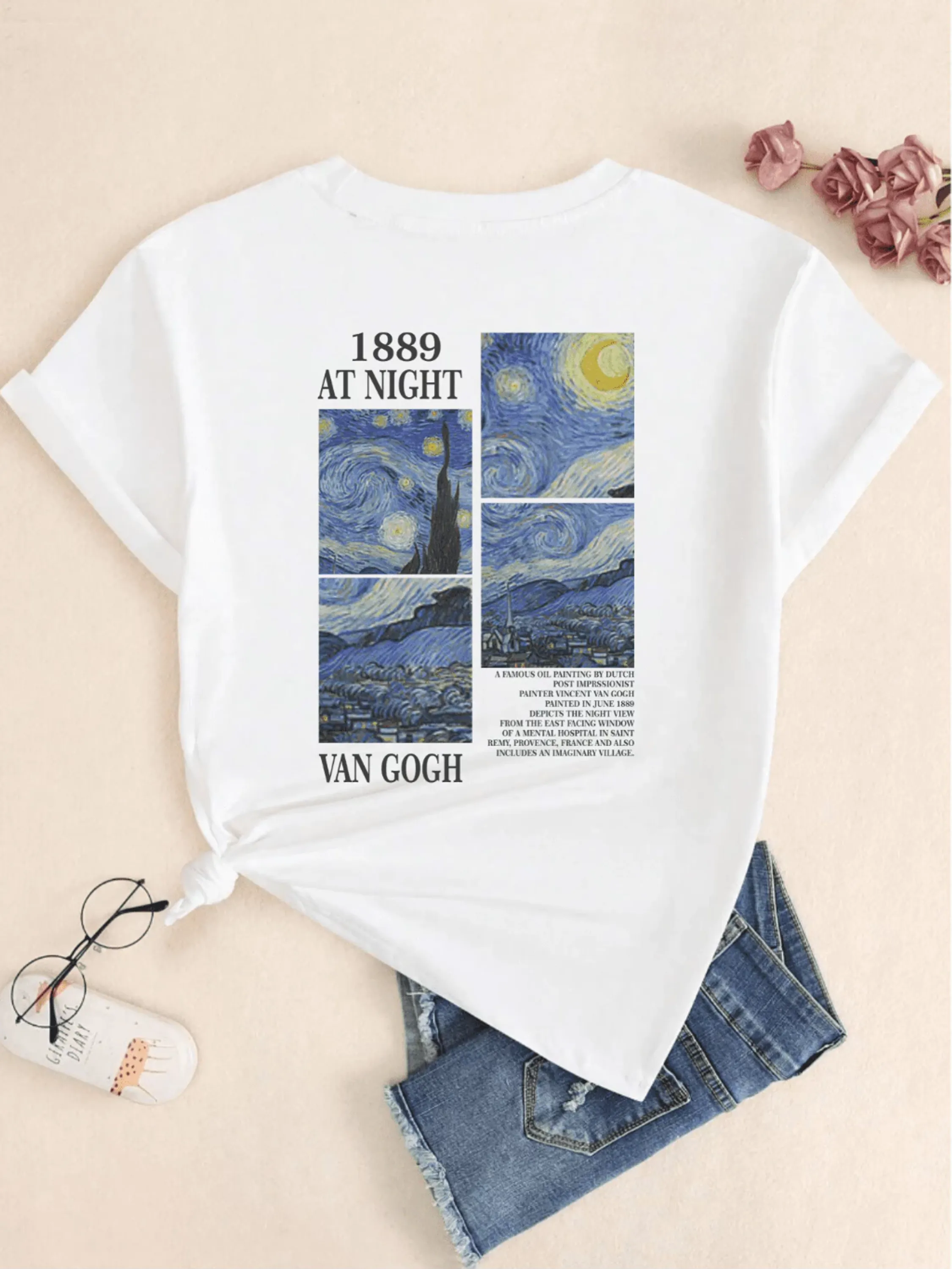 Camiseta Algodão Atlético Blusa Feminina Van Gogh Noite Estrelada Camisa Estampado