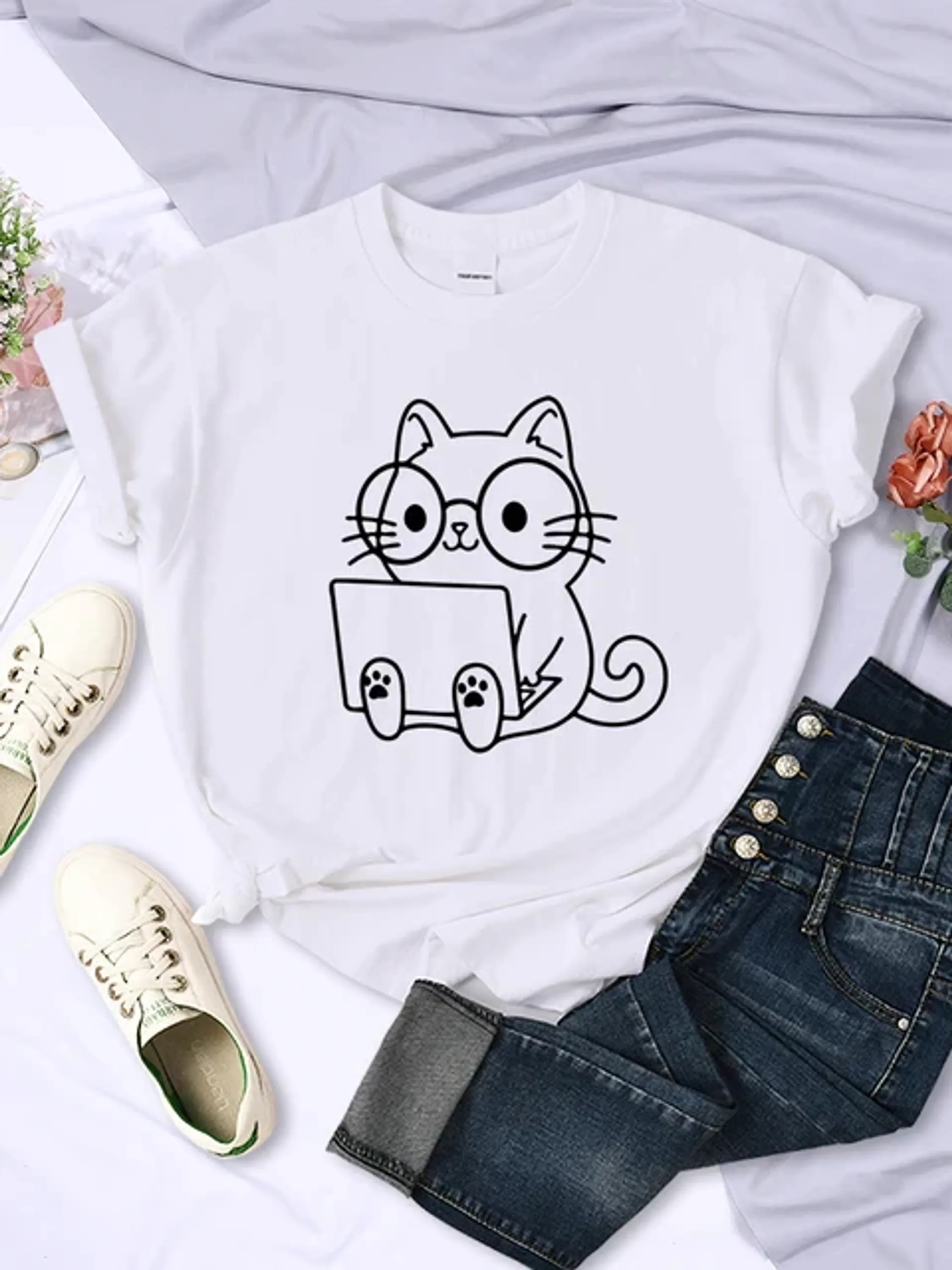 Camiseta Babylook Impressão Fofo Gato Leitor Camisa Moda o Blusa Feminino Algodão