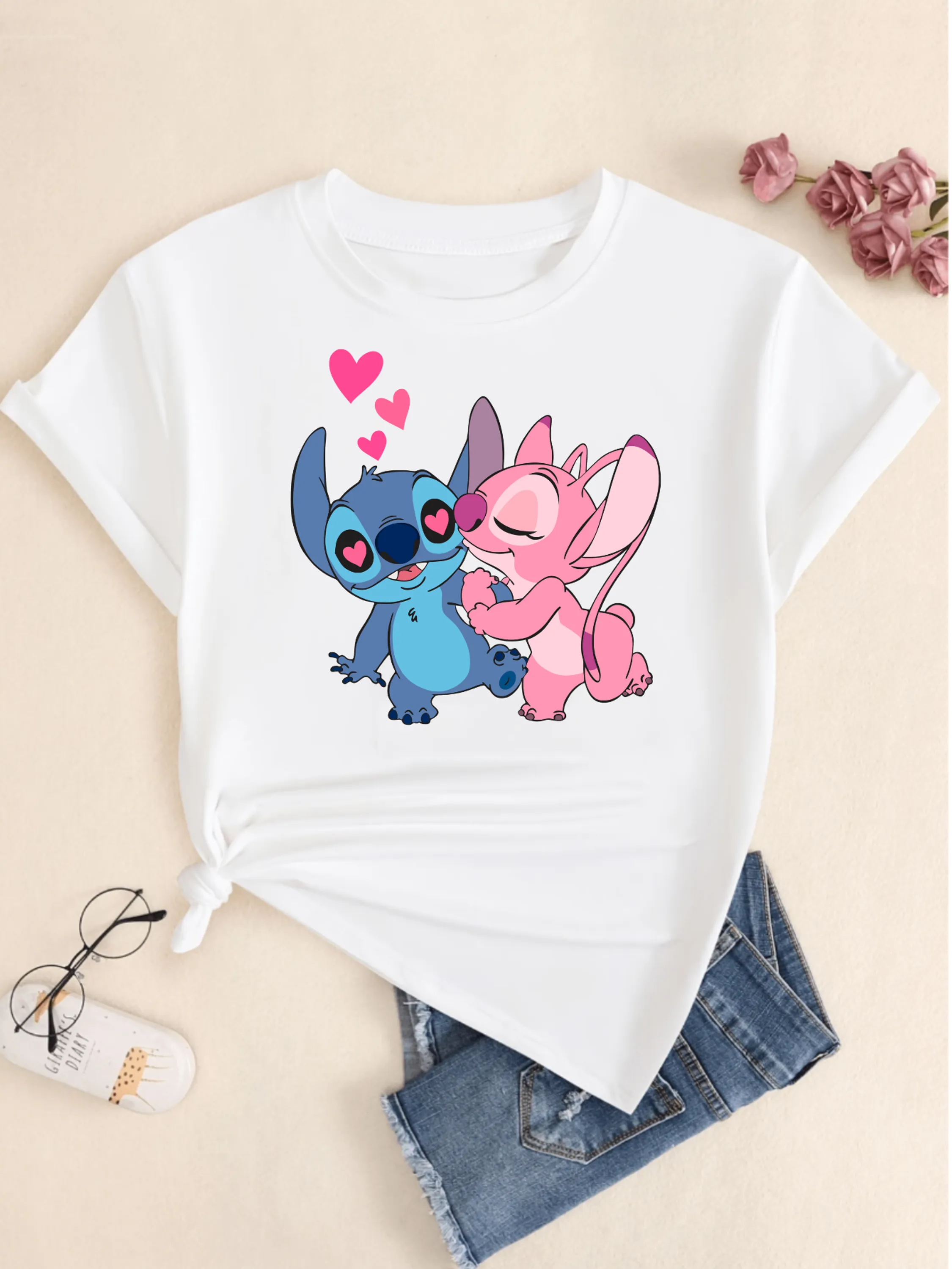 Camiseta Feminina Babylook Lilo Stitch Camisa T-shirt Algodão Casual Confortável