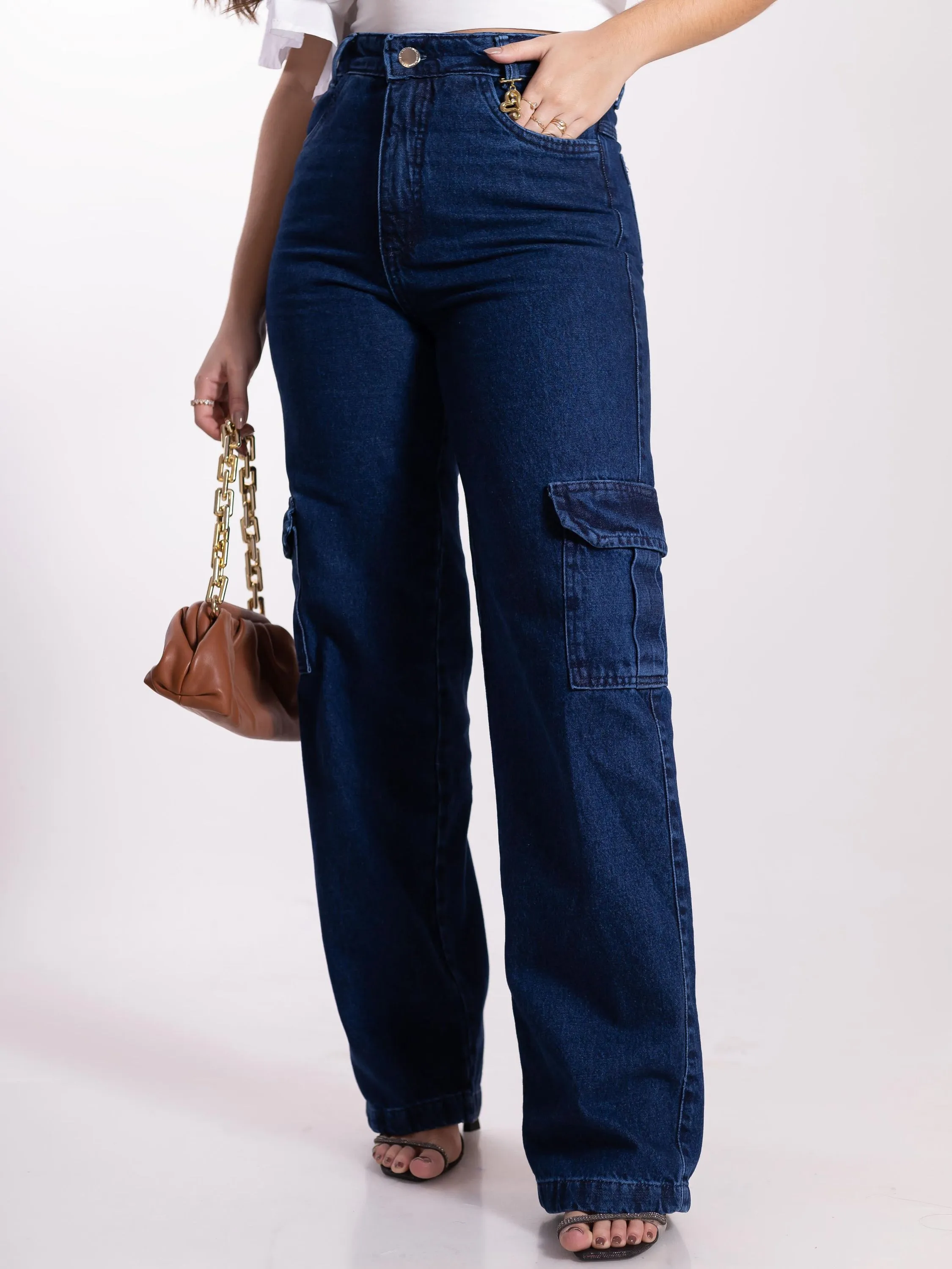 Wide Leg Cargo Jeans Escura