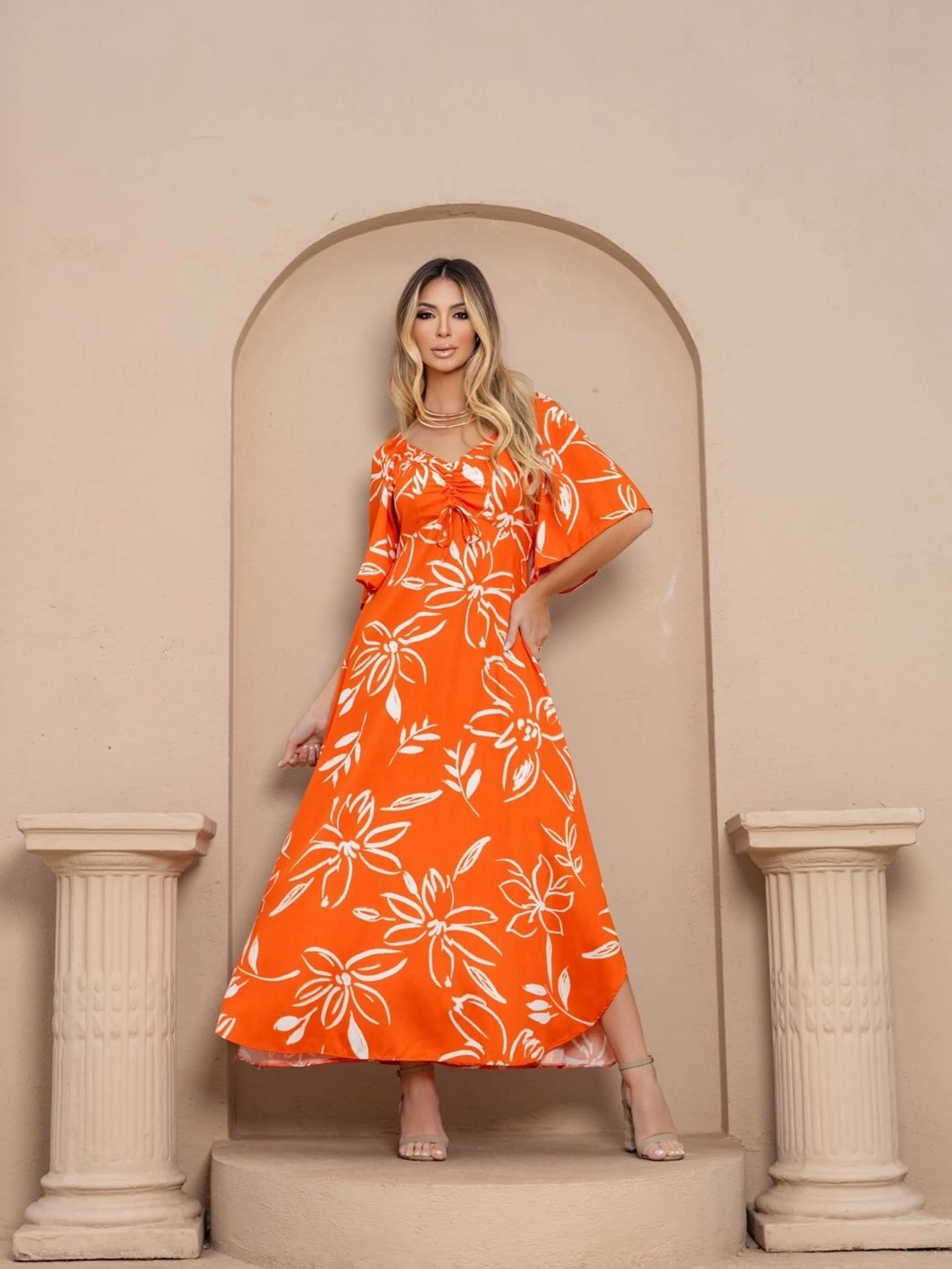 Vestido Estampado Laranja com Branco