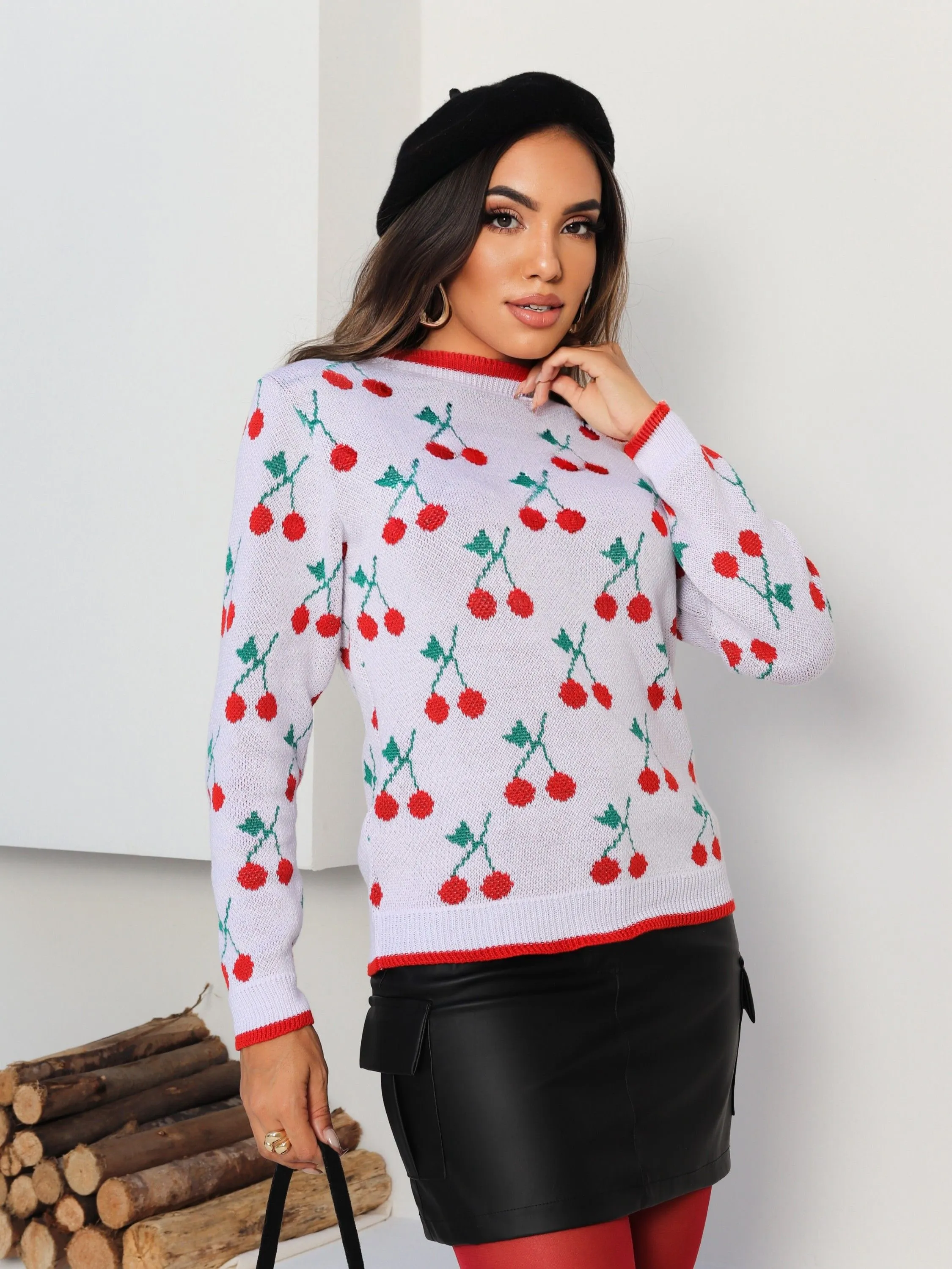 Blusa tricot cereja feminina Versátil ocasional