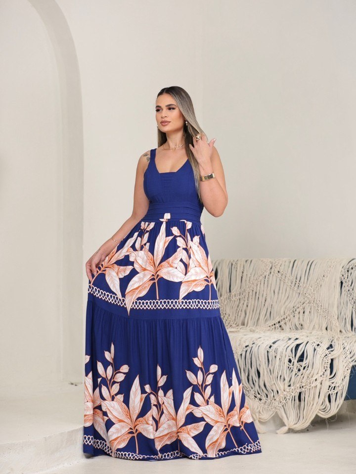 Vestido longo estampado,elastex nas costa
