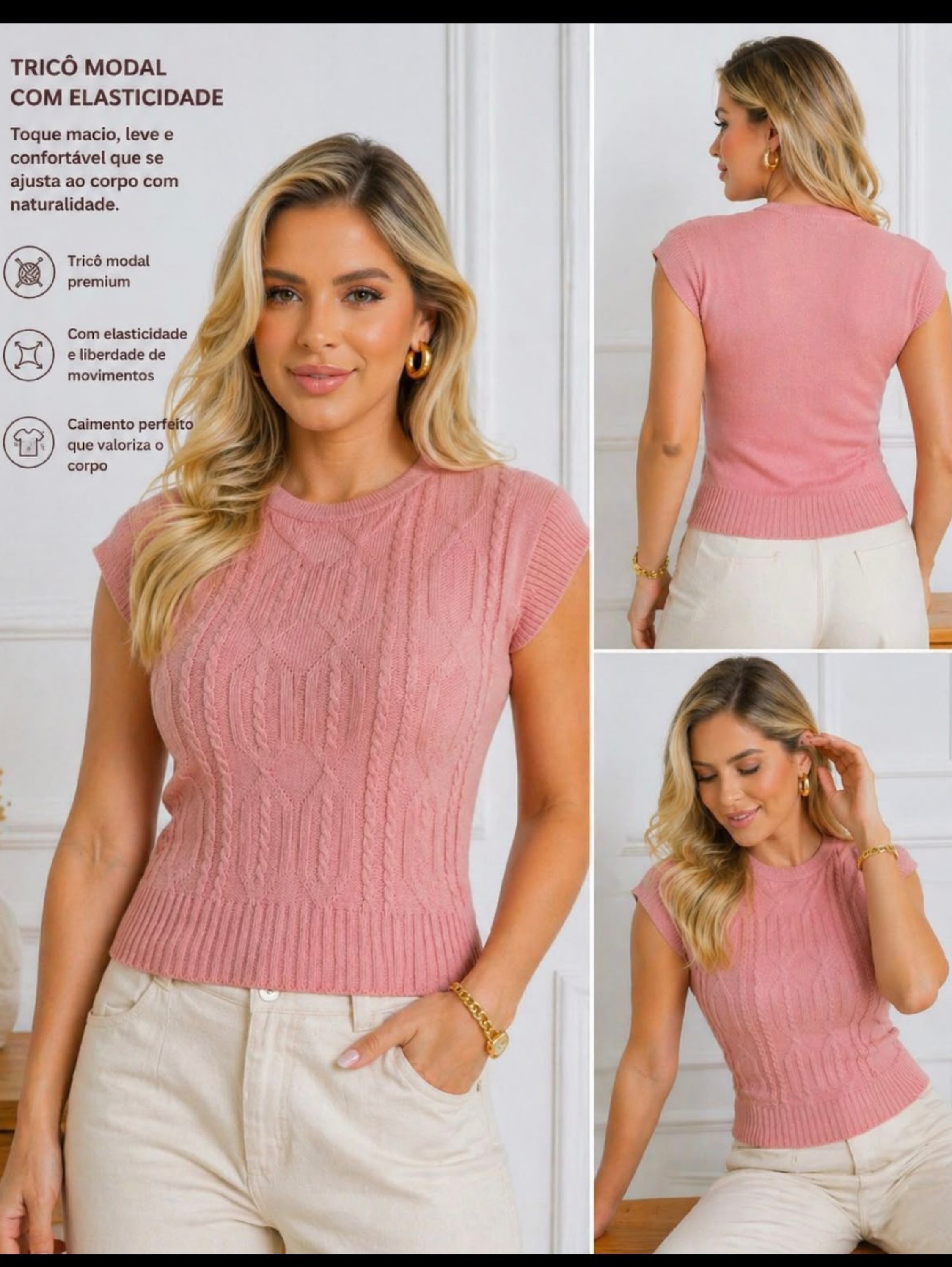 Blusa Feminina em Tricô Modal Premium com Textura de Tranças