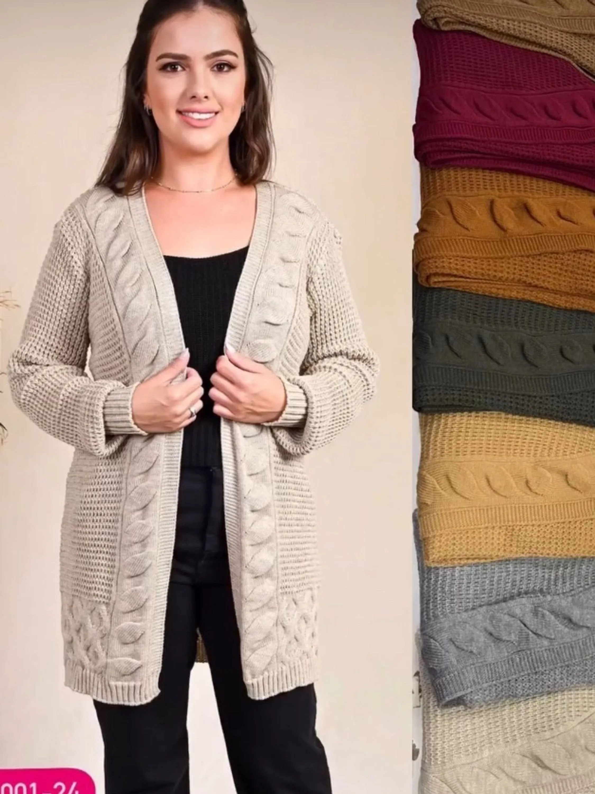 Cardigan Casaco Manga Longa Tranças Tricot