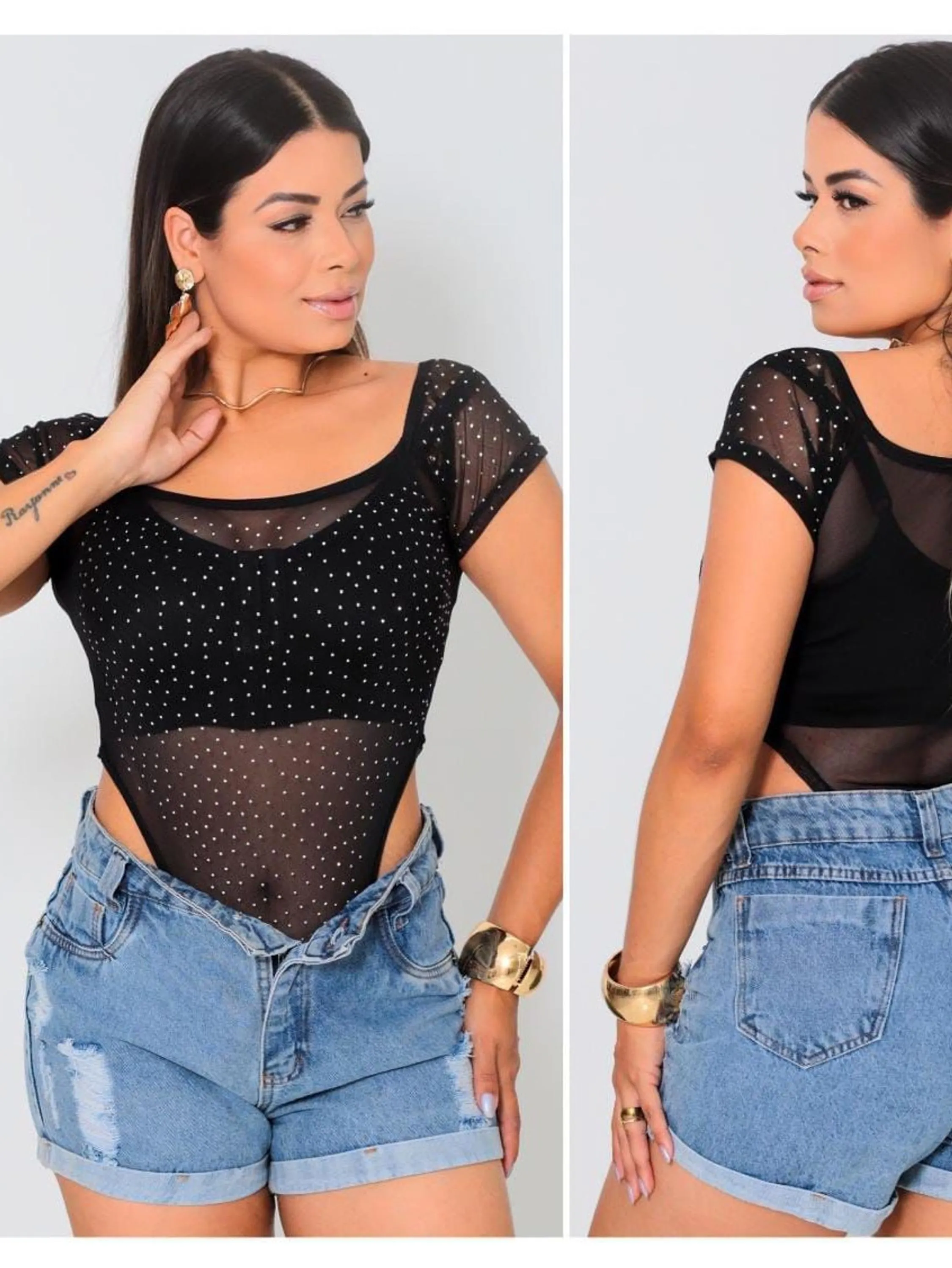 Body Tule Pedraria Strass Brilho Brilhoso Manga Curta Preto