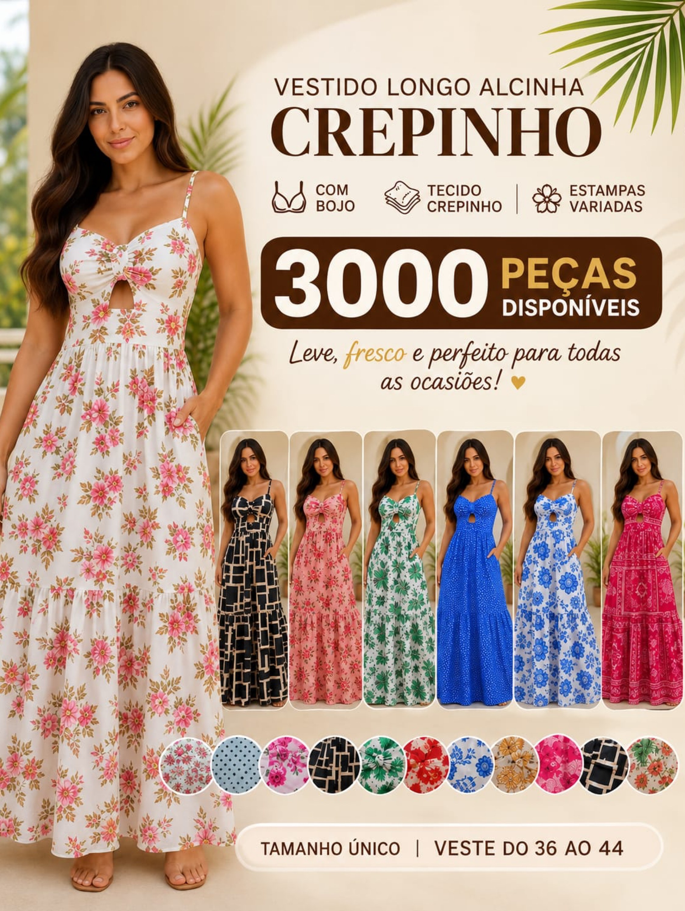 Kit 5 Vestidos Longos Estampados Femininos com Bojo