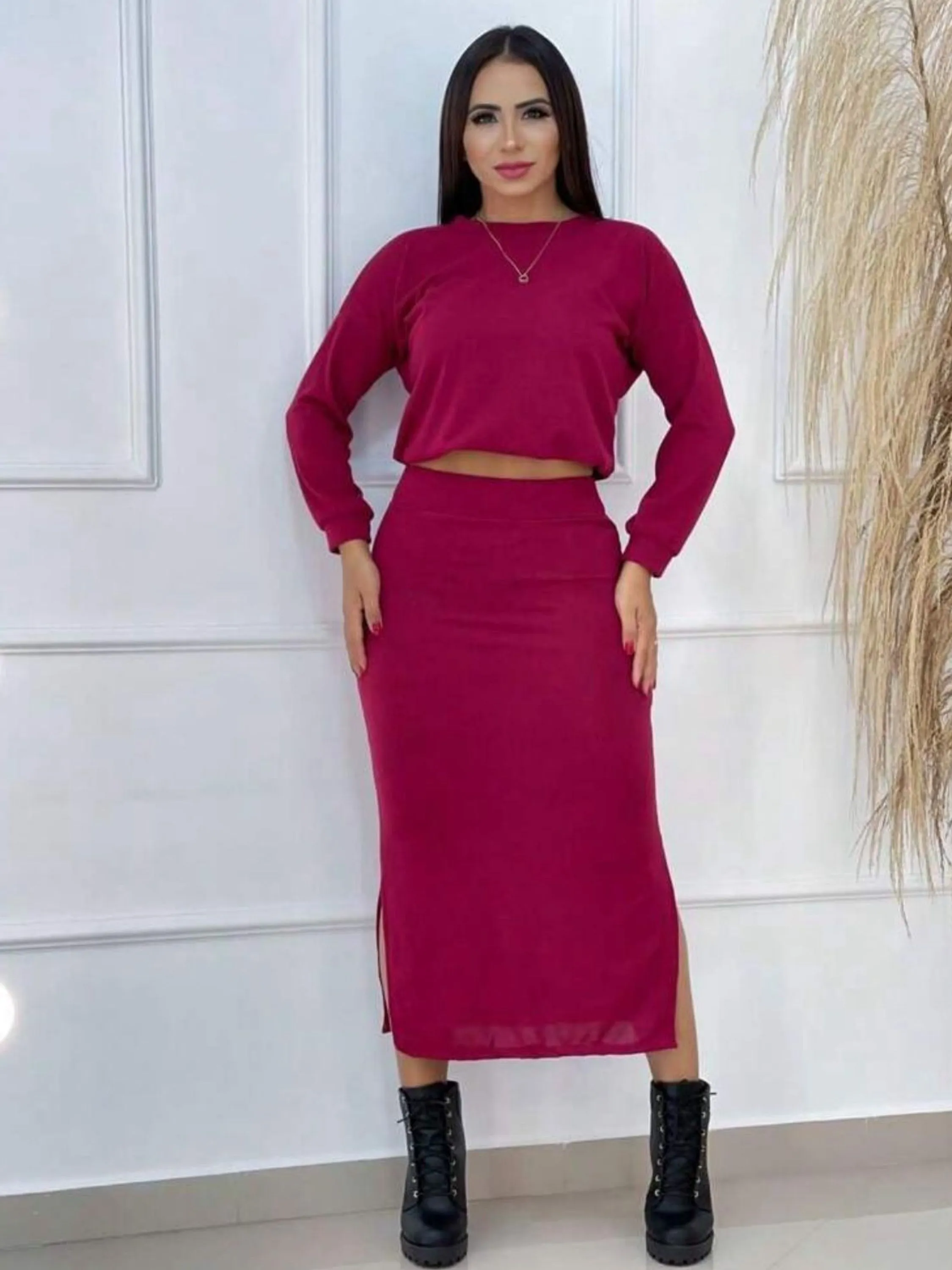 Conjunto Blusa Saia Cropped Midi Moda Blogueira