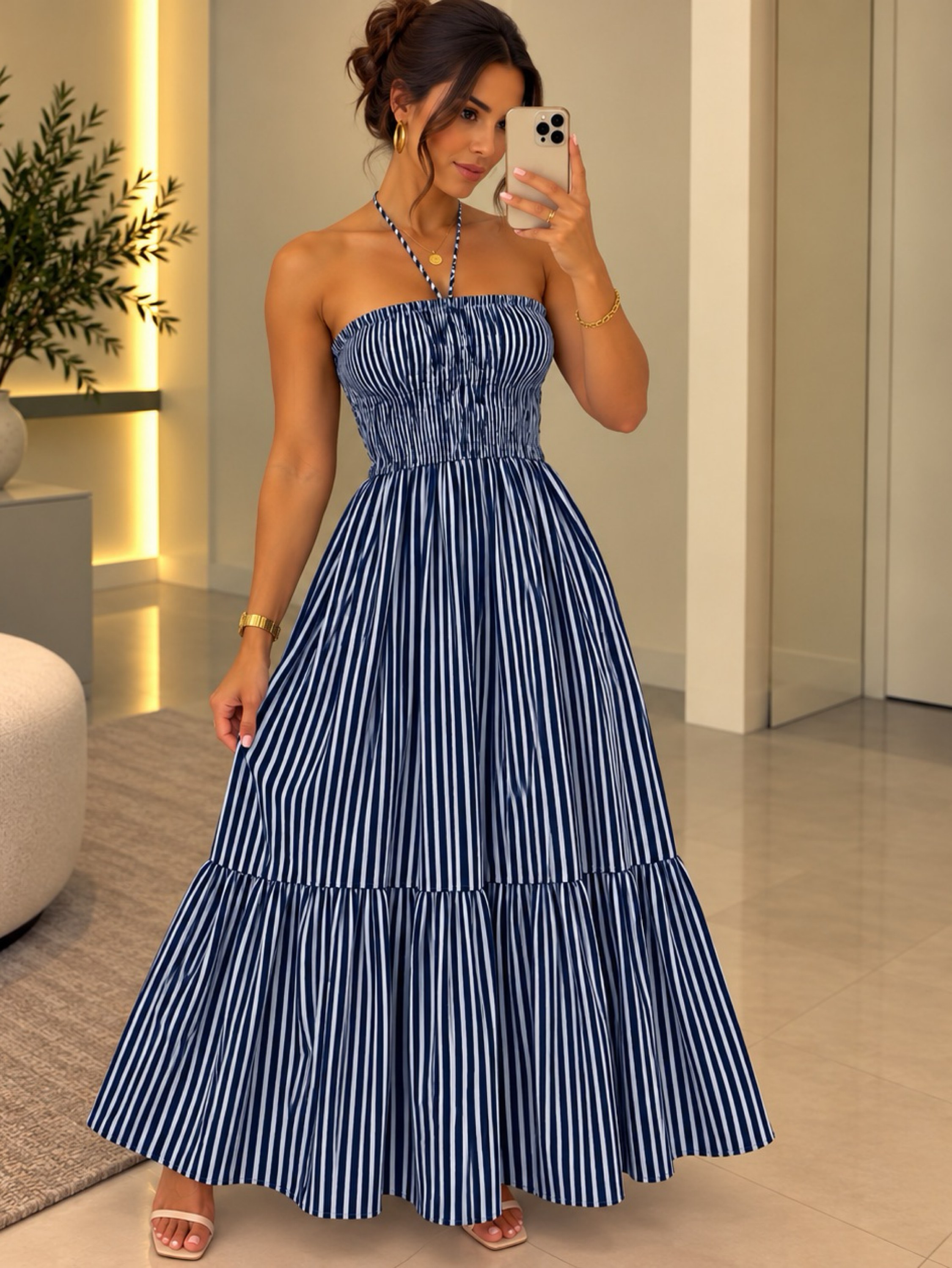 Vestido Longo Feminino Listrado Frente Única