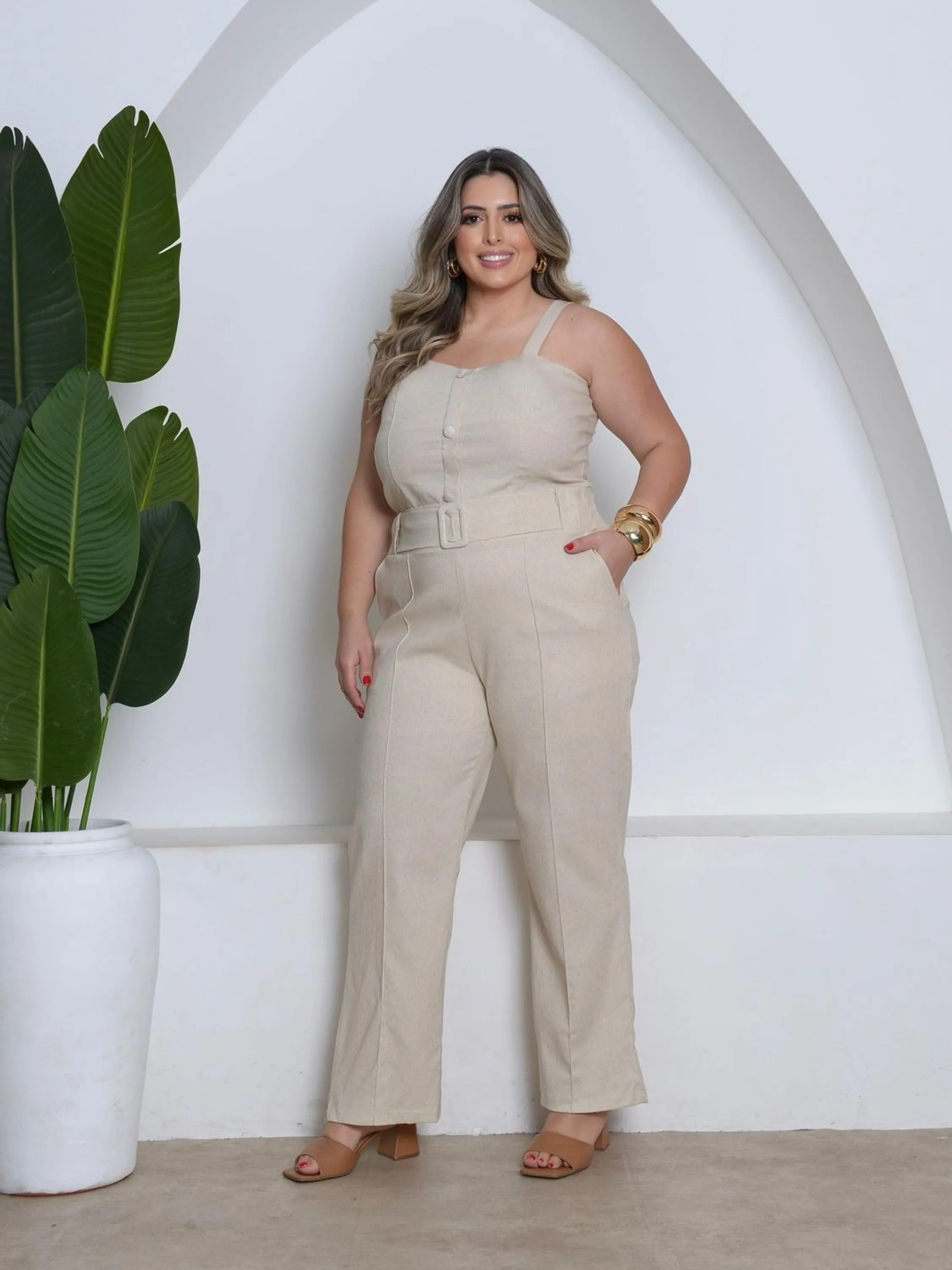 Conjunto Cropped e Calça em Linho Plus Size - Forrado