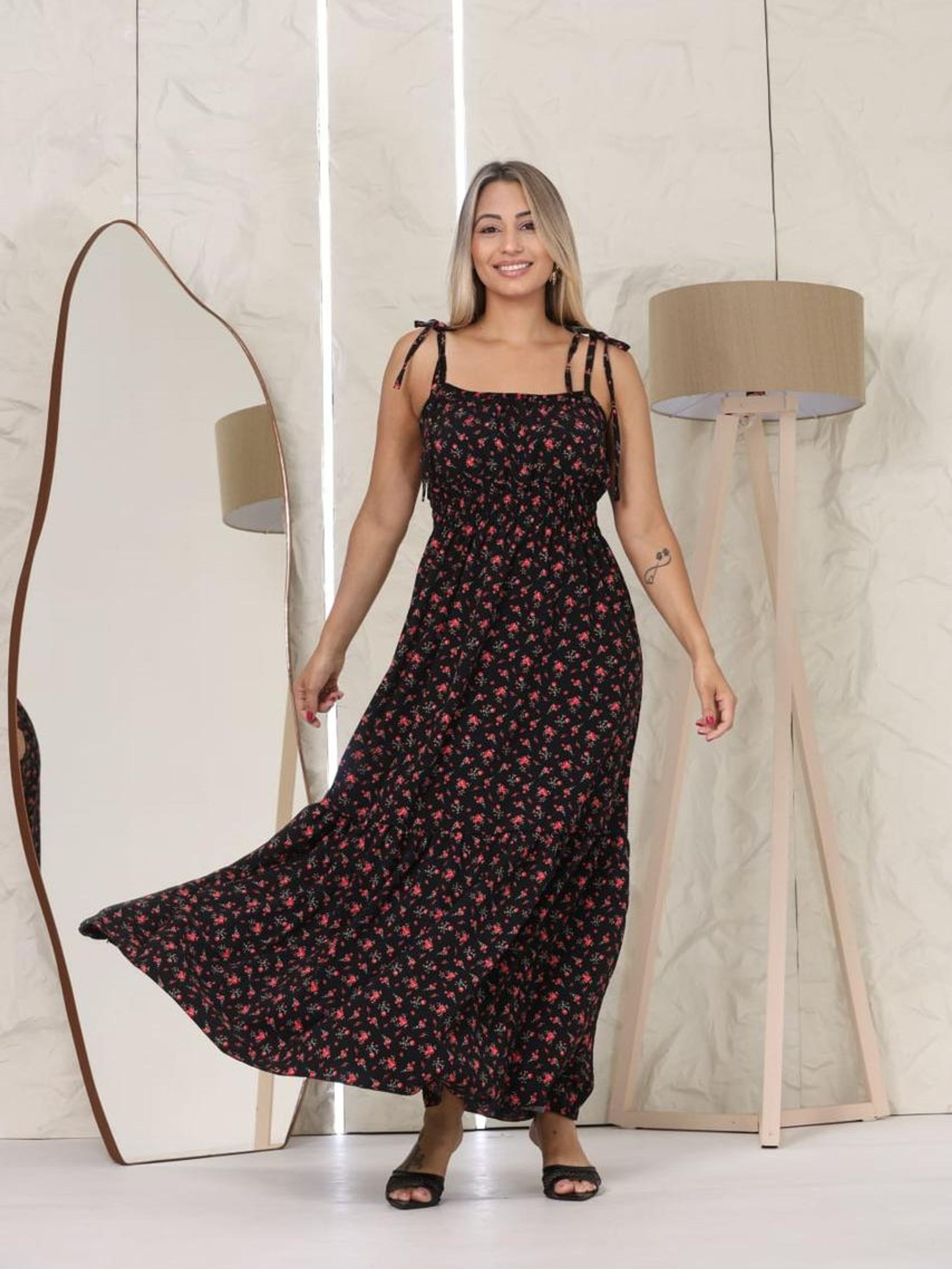 Vestido Longo Estampado Alças Finas