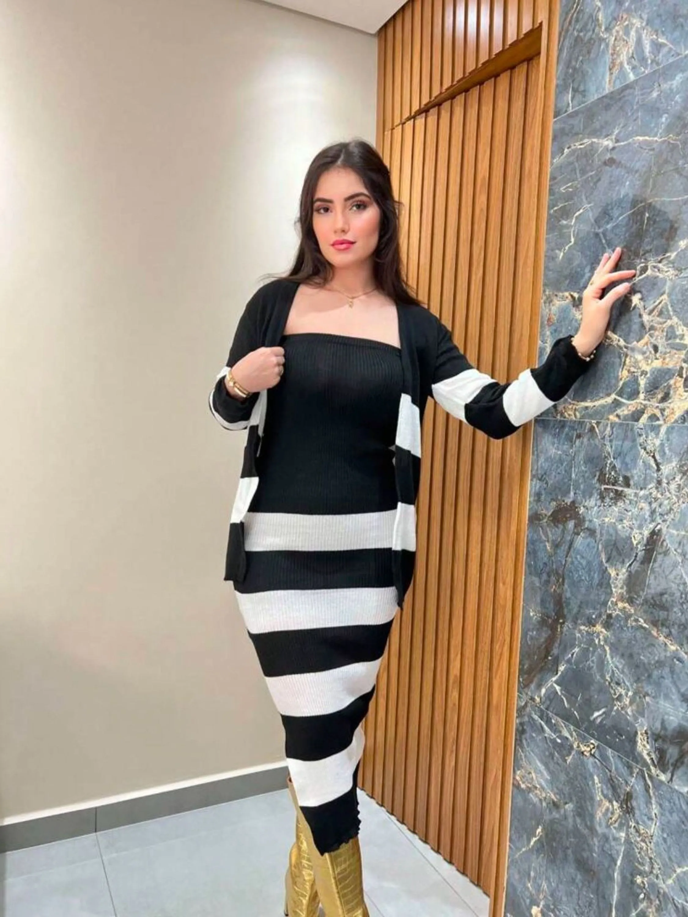 Vestido Midi Tomara Que Caia Mais Cardigan Manga Longa