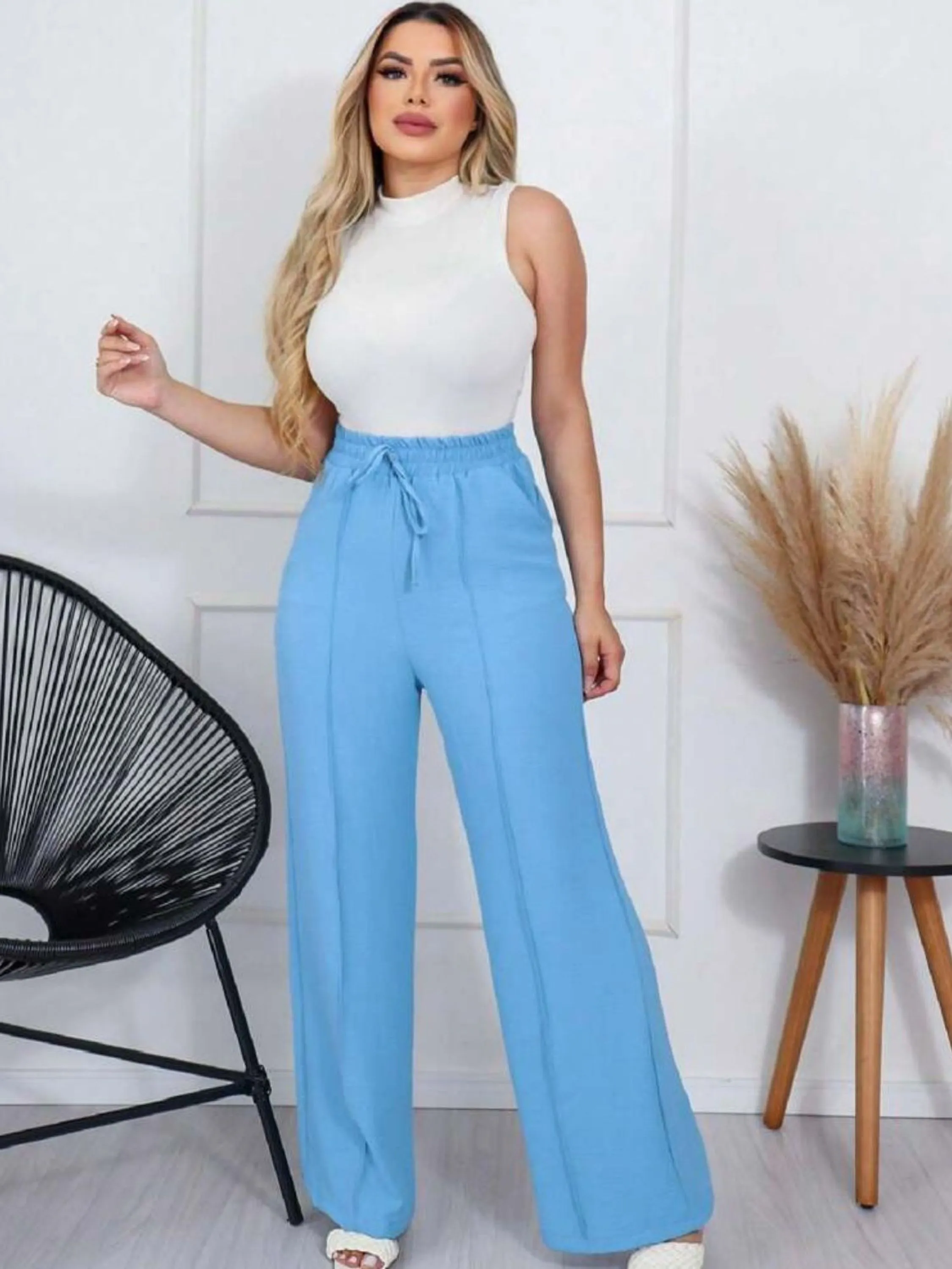 Calça Feminina Pantalona Duna Cintura Elástica Com Bolso