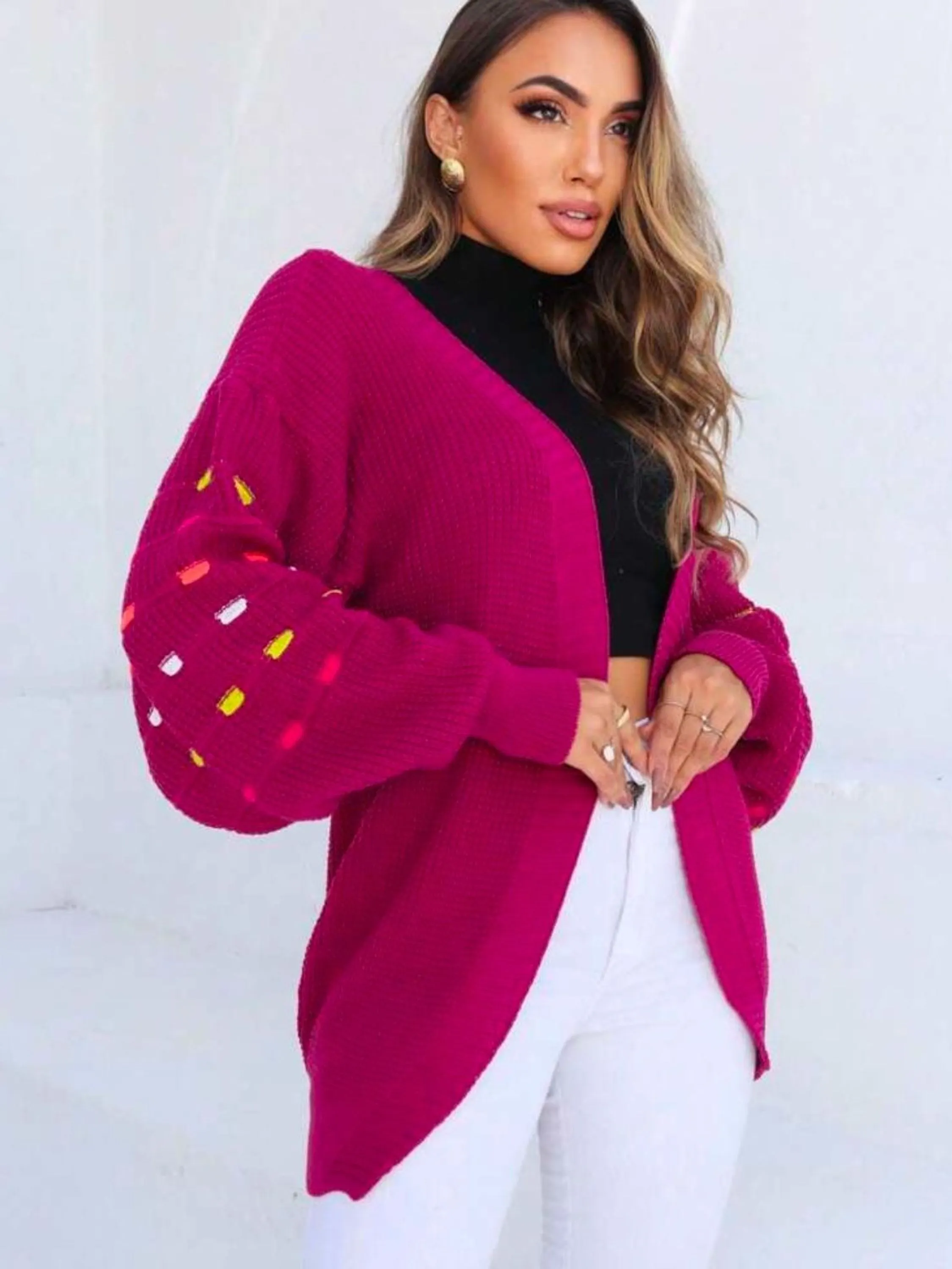 Cardigan Bolinhas Coloridas Manga Tricô Fio
