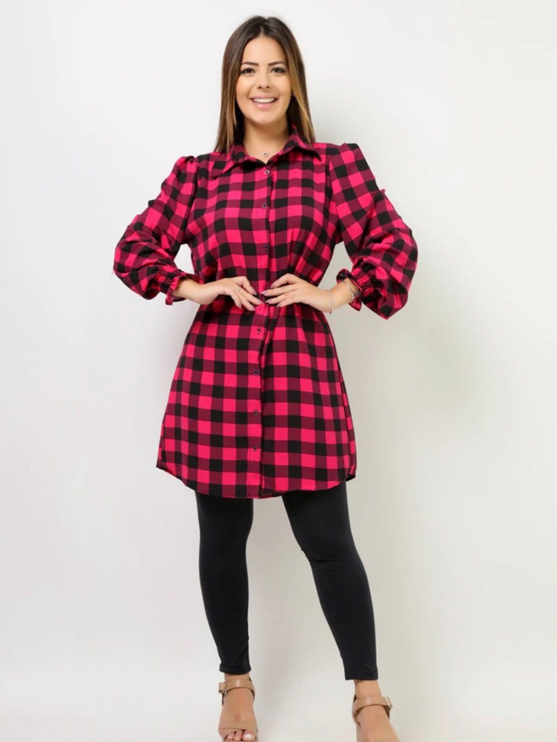 Chemise Xadrez Vestido Manga Longa