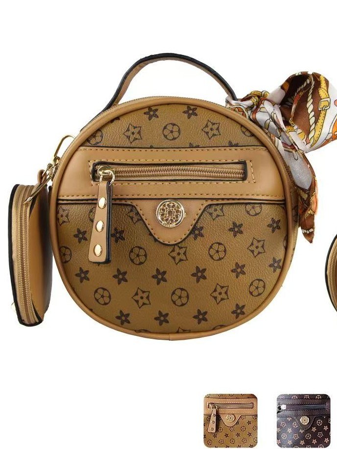 Bolsa feminina redonda com carteira e lenço.8371