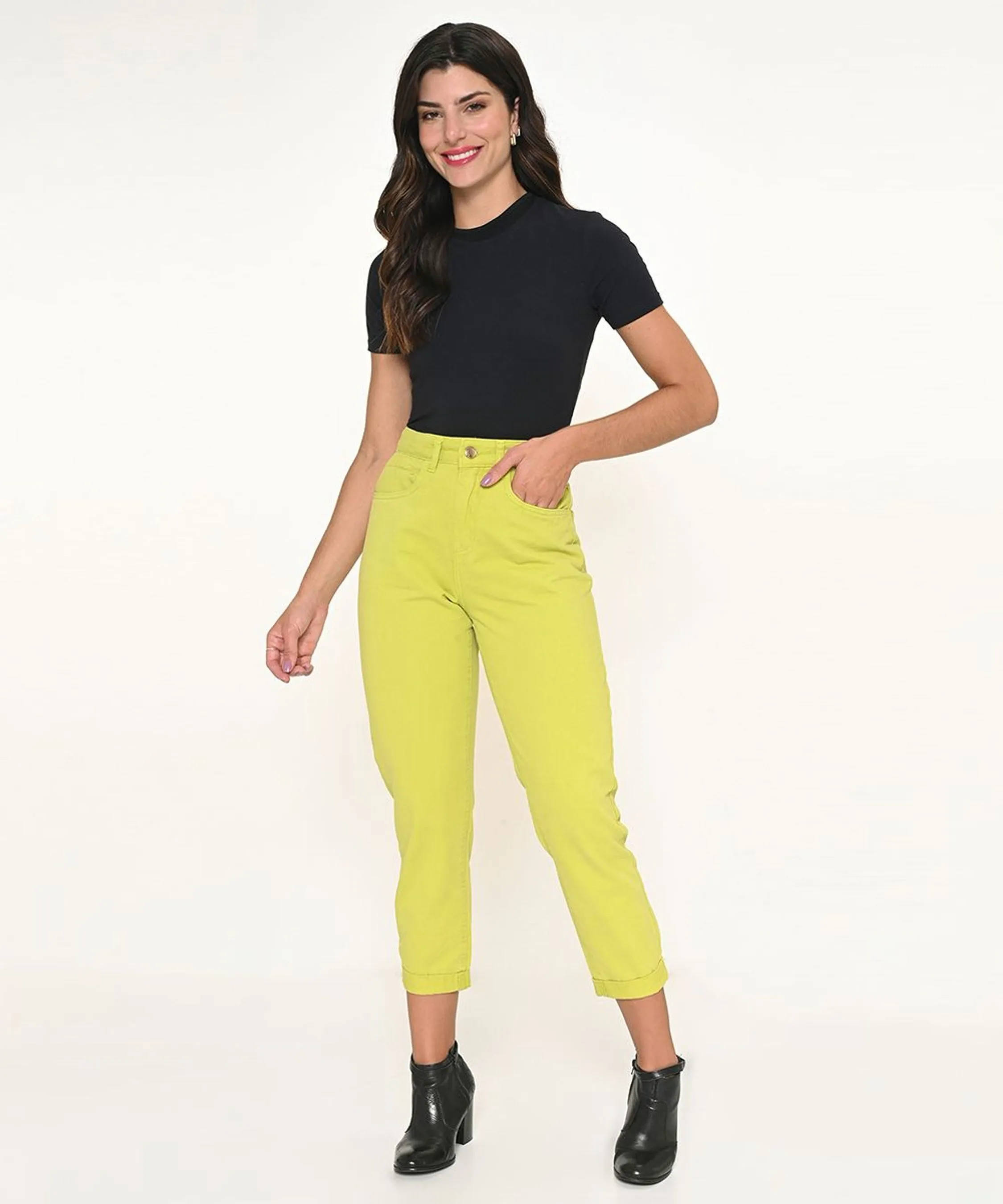 Calça Feminina Sarja Mom Verde Limão