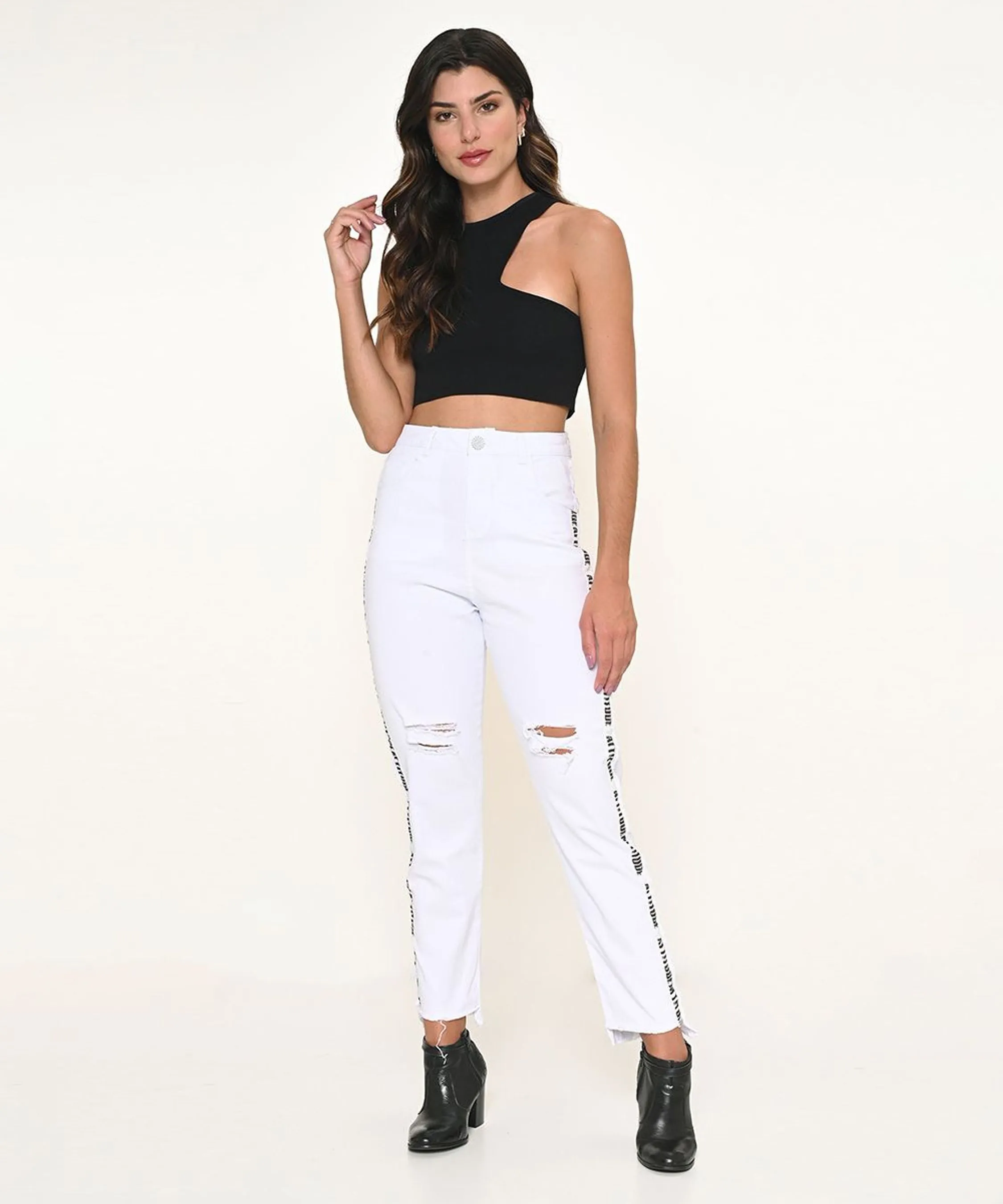 Calça Feminina Sarja Lycra Cropped Mom Branco