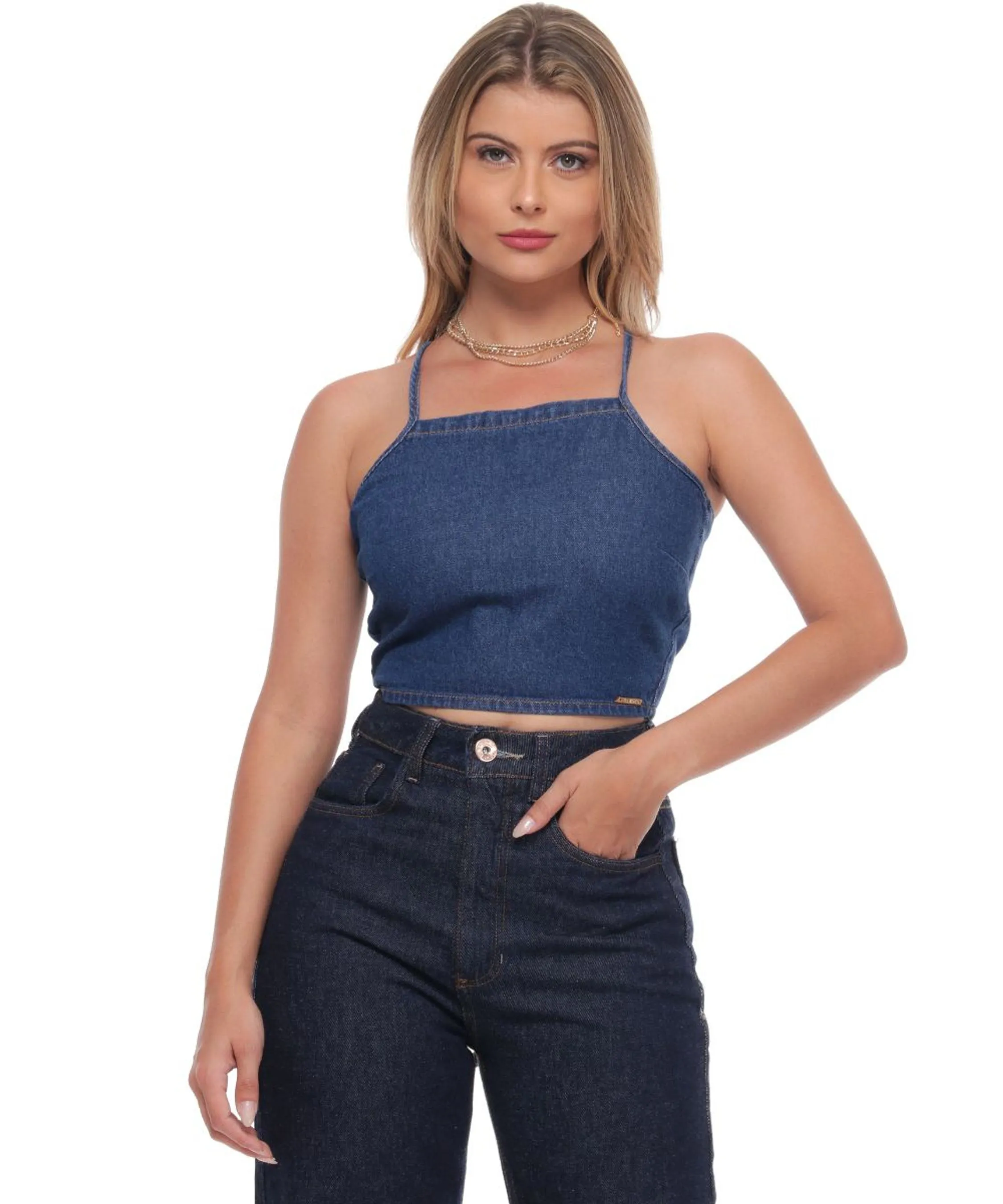 Blusa Feminina Jeans Cropped Alça Fina Amarração Casual