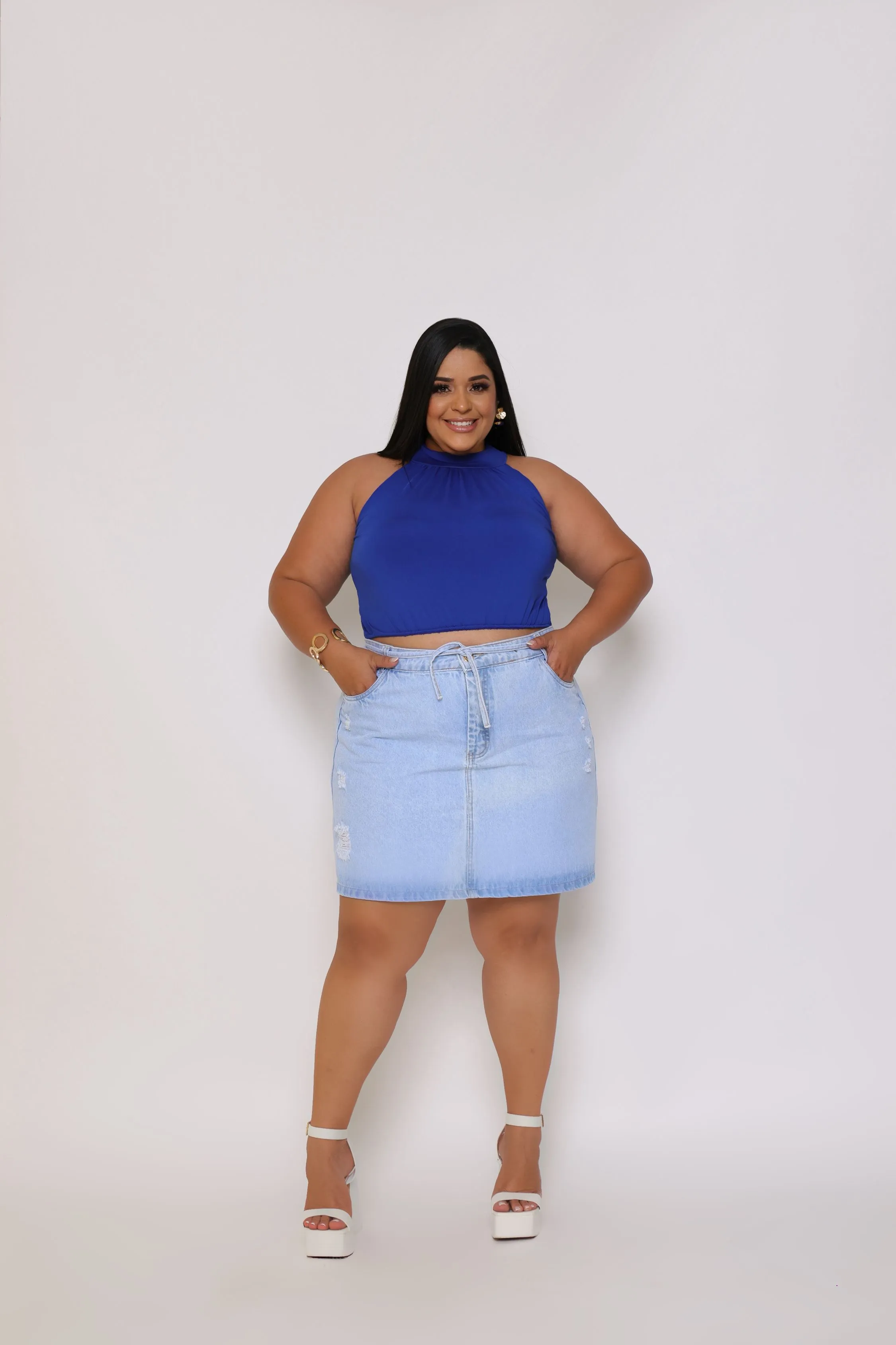 Saia Jeans Mini Plus Size Cinto Destroyed Clara Cintura