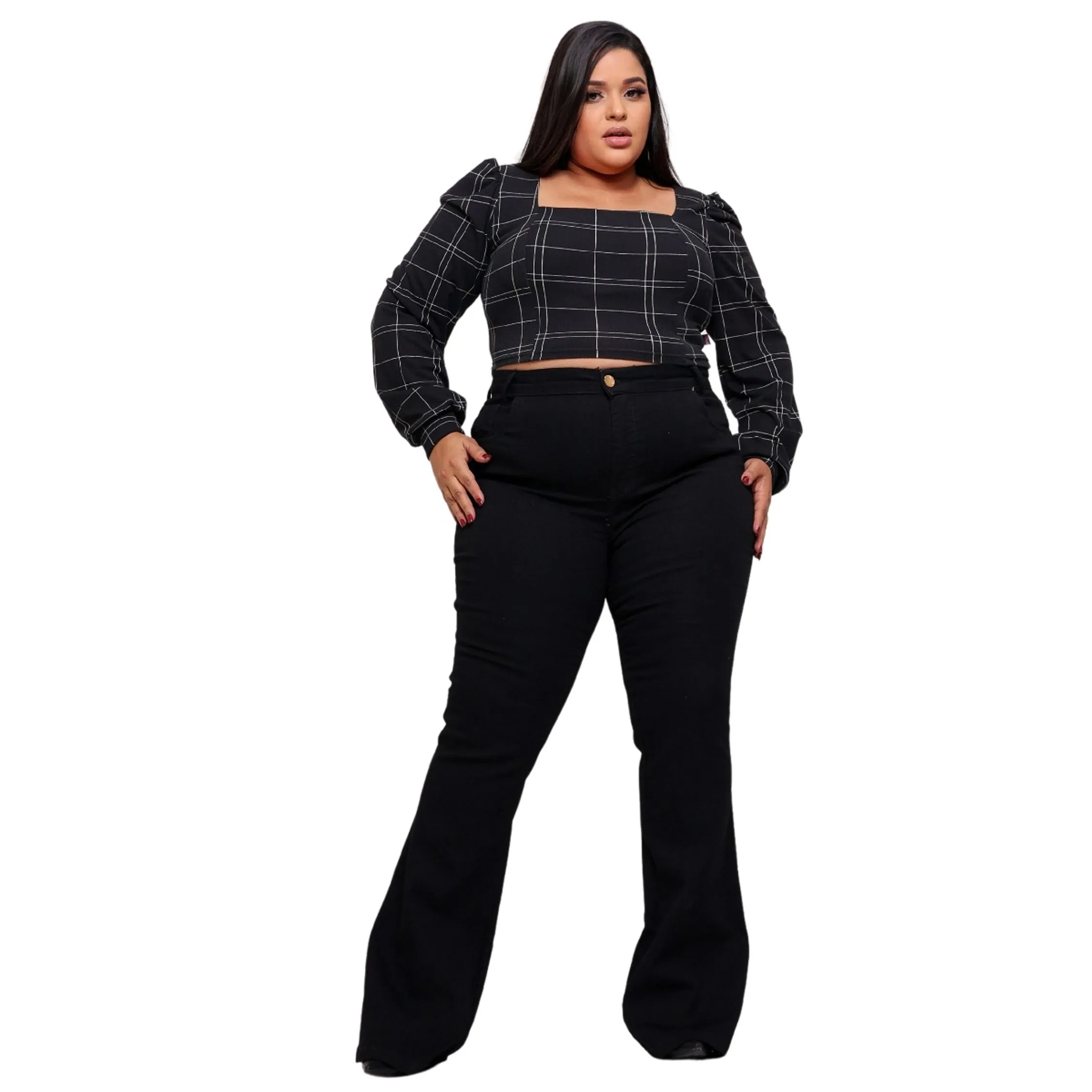 Calça Flare Plus Size Preta Cintura Alta Moda Casual Formal