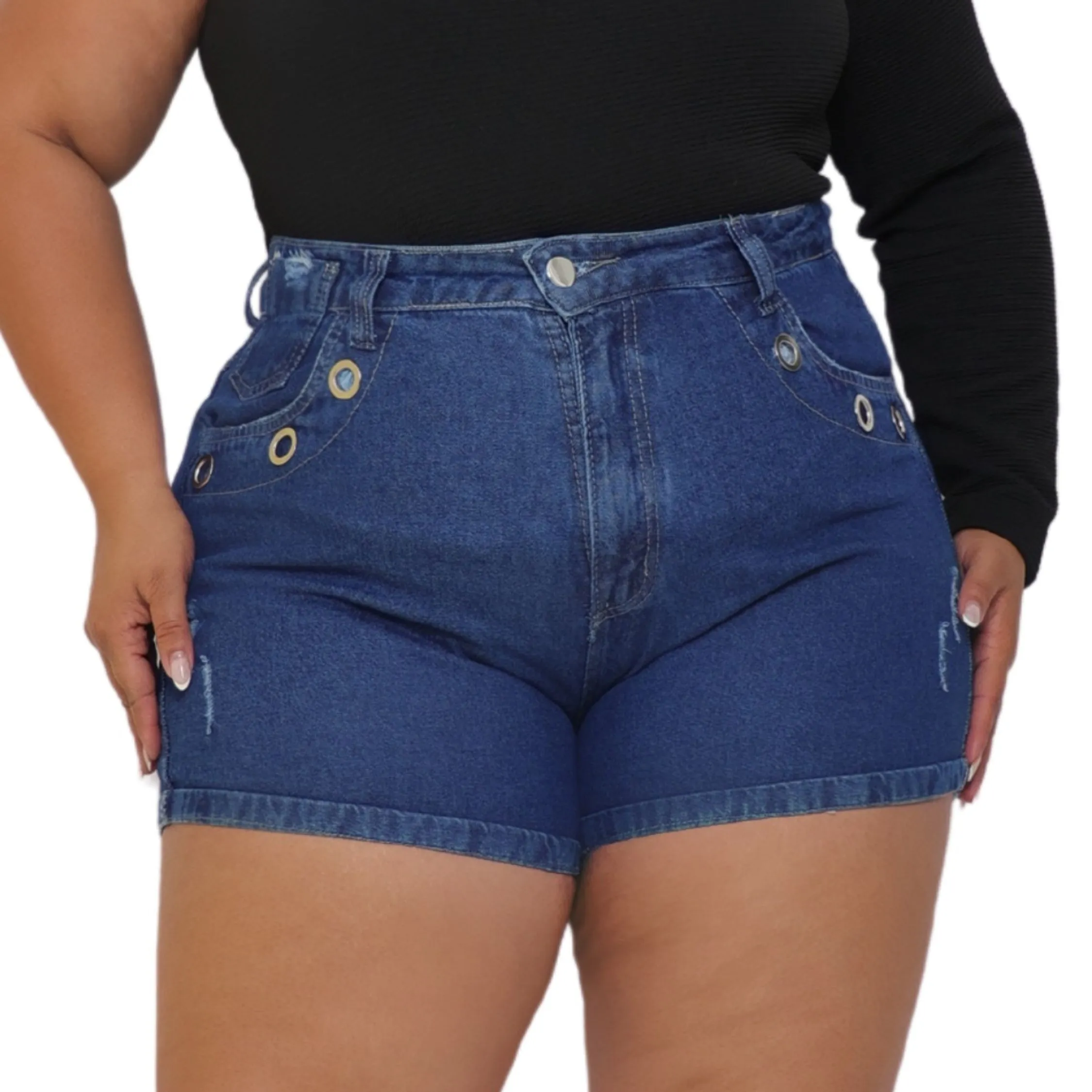 Shorts Plus Size Jeans Curto Cintura Alta Bolso Escuro Moda