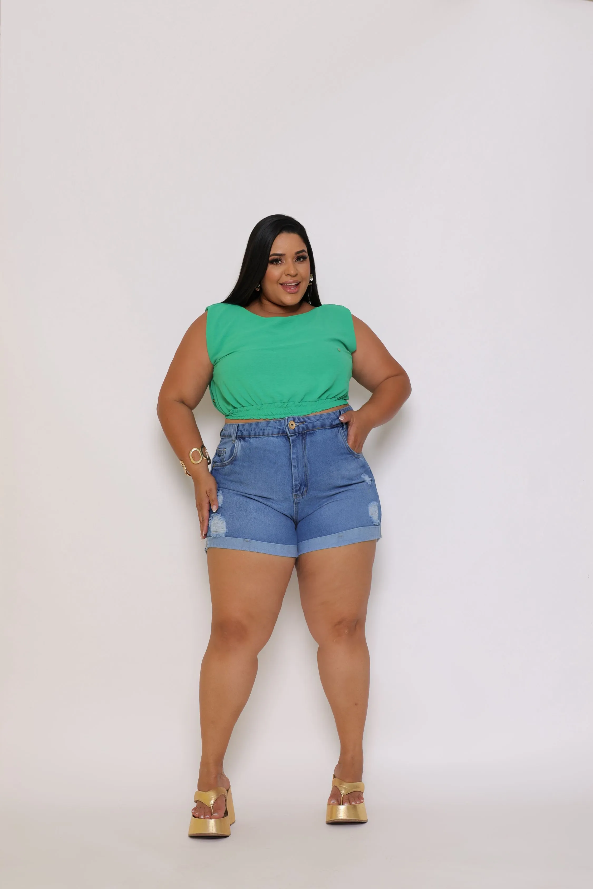 Short Jeans Plus Size Bolso Cintura Alta Destroyed Curto Moda Verão Feminino Tendência Virginia