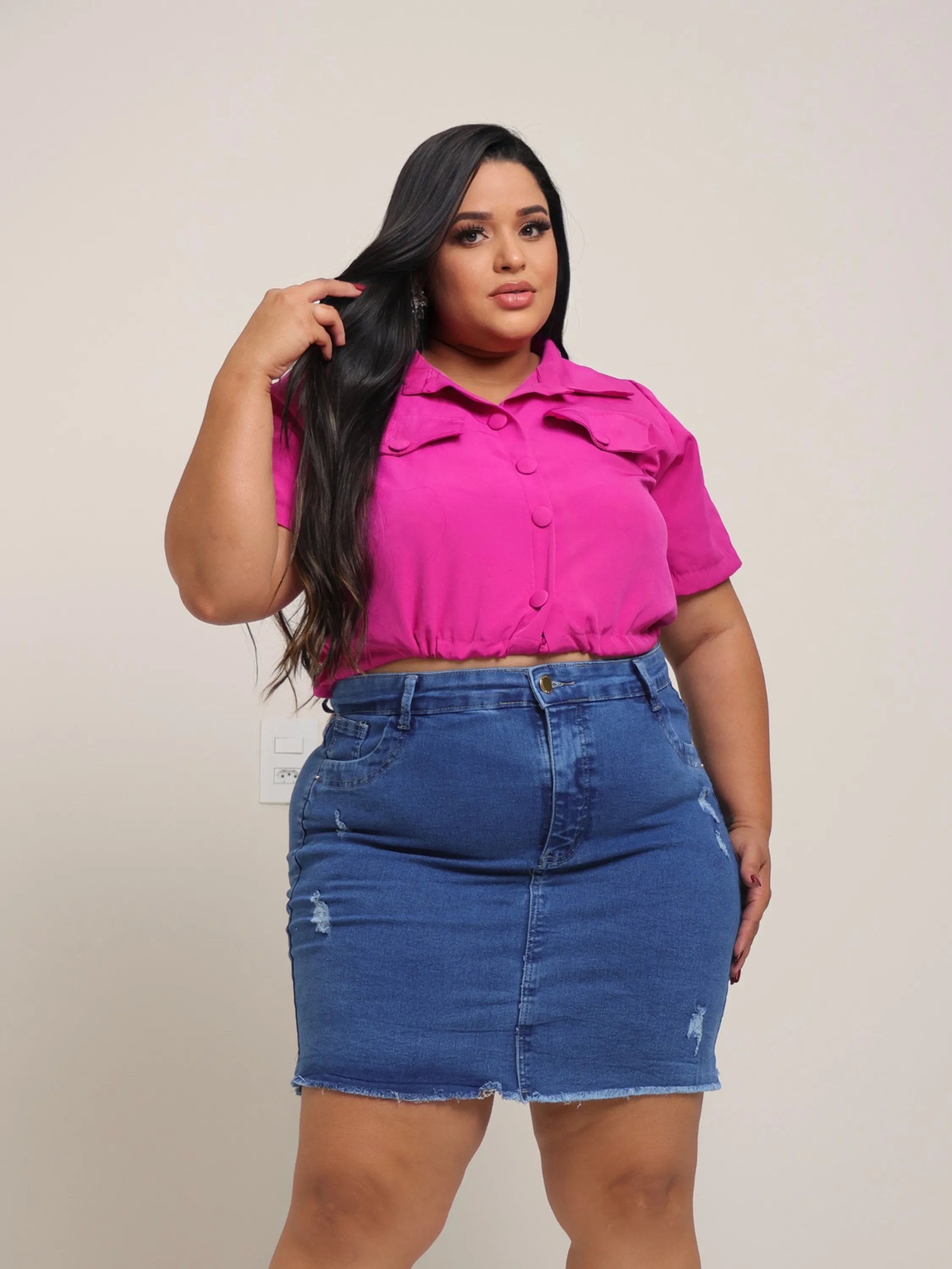 Saia Jeans Escura Plus Size Cintura Alta Destroyed