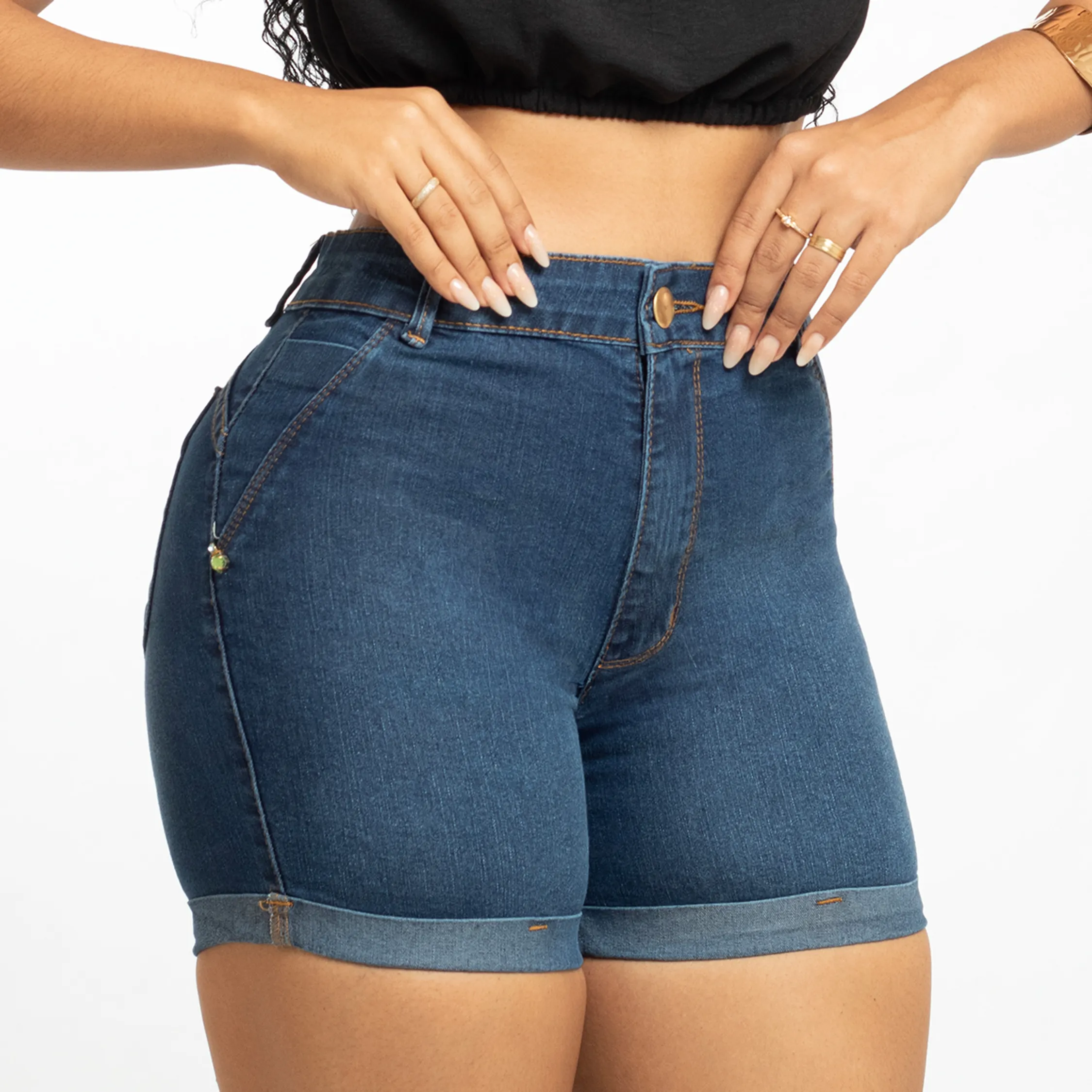 Bermuda Pedalete Jeans Feminina Com Barra Dobrada