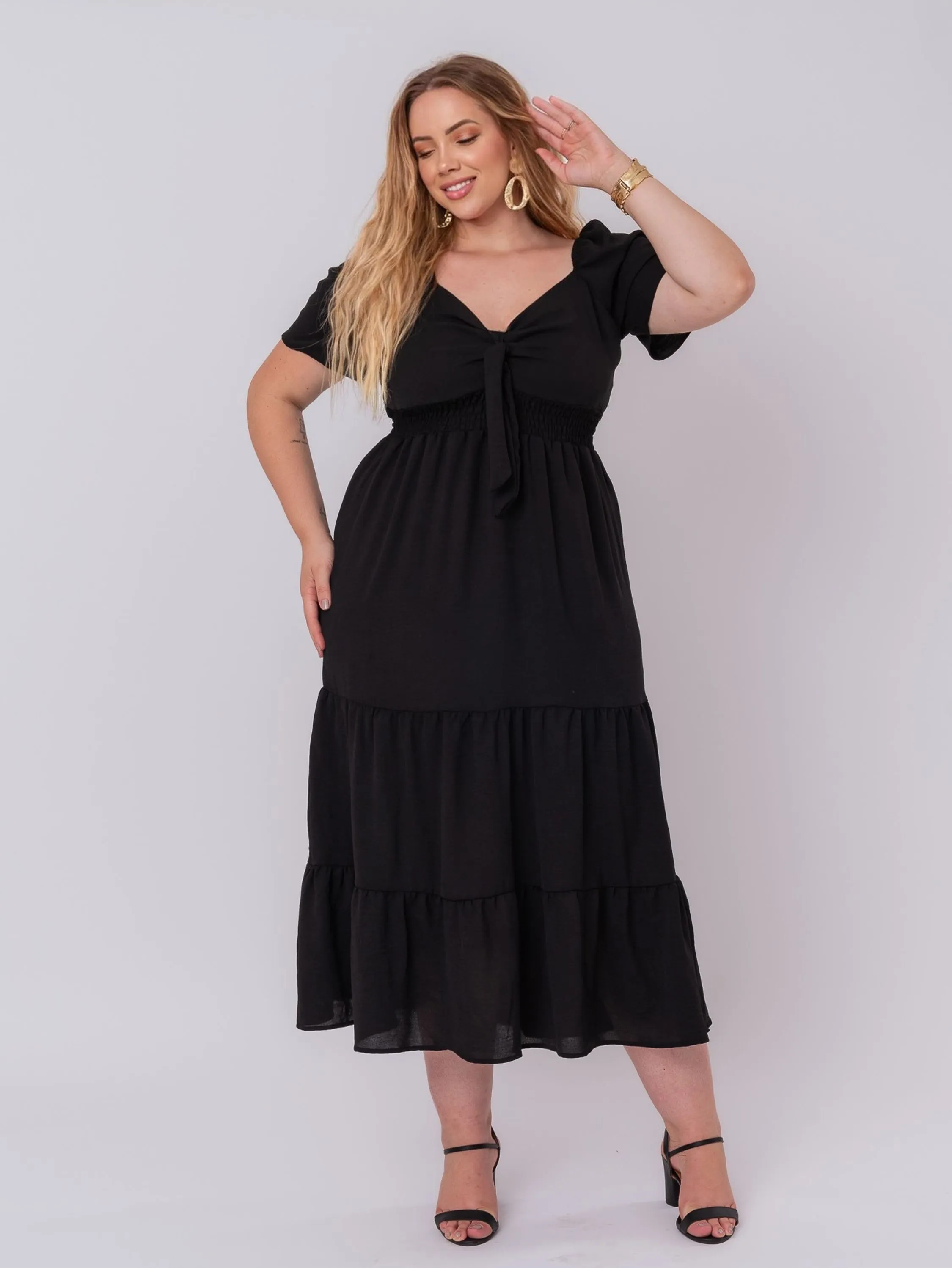 Vestido Longo Plus Size Elastex Cintura Manga Curta