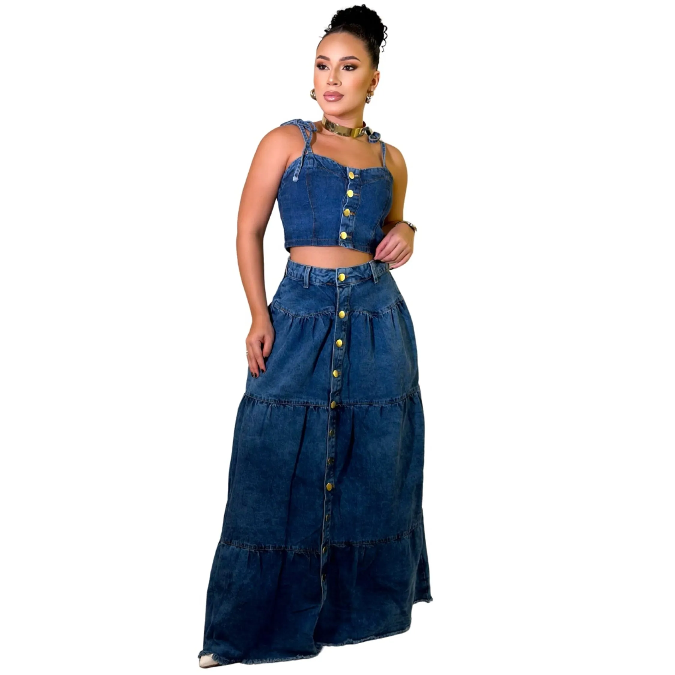 Conjunto Cropped E Saia Jeans Midi Feminino Verão