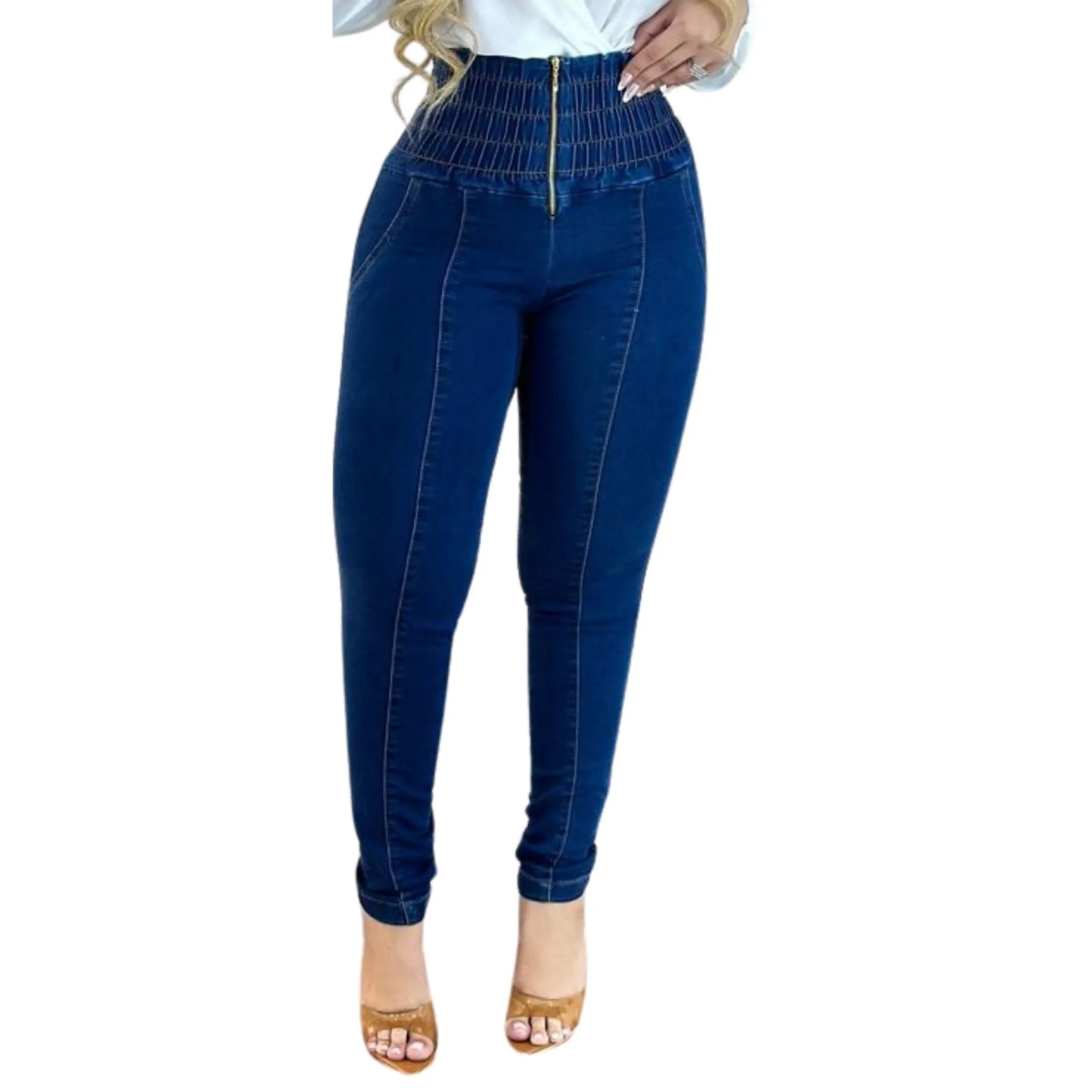 Calça Jeans Skinny Chapa Barriga Elástico Cós Alta Super