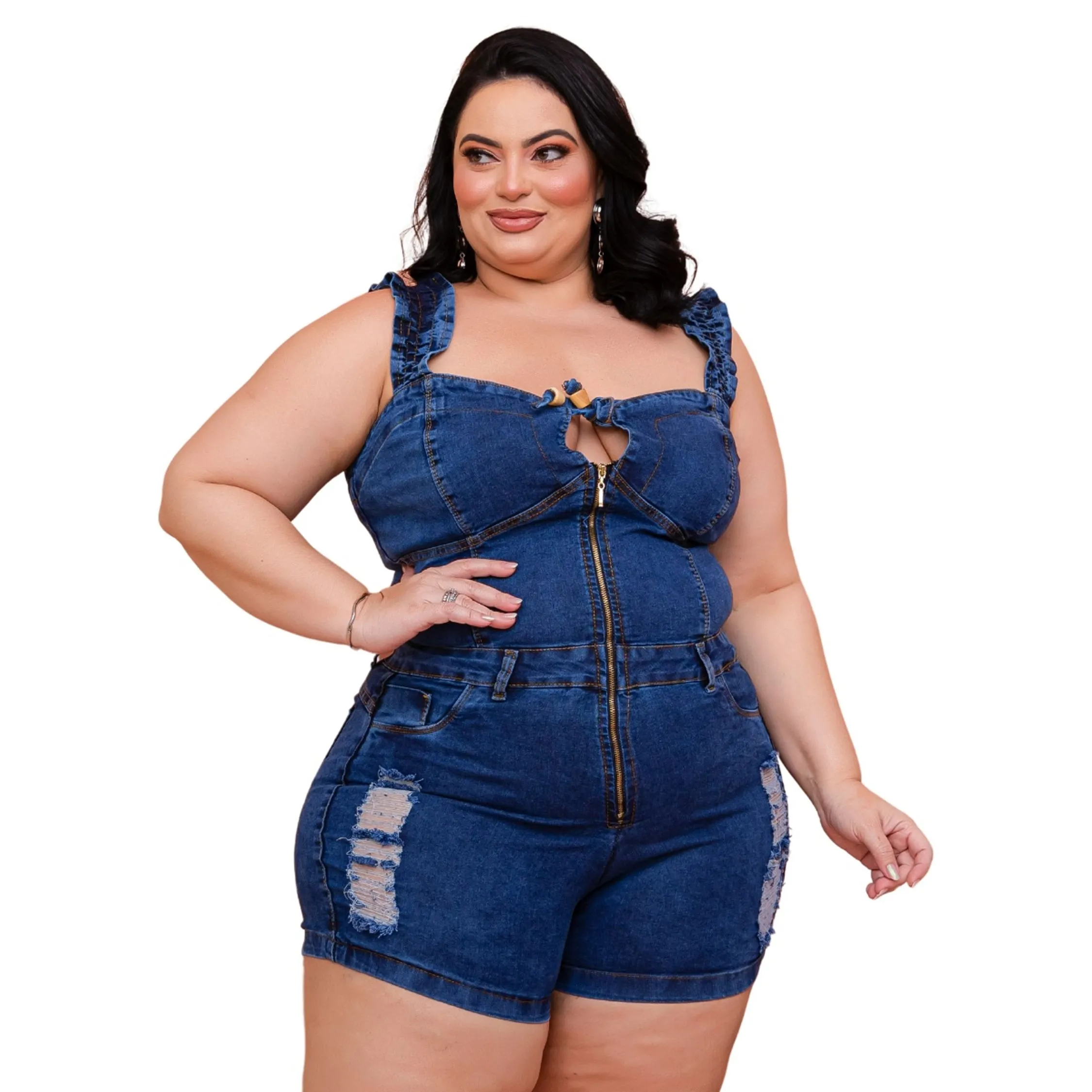 Macaquinho Jeans Jardineira Curto Short Plus Size